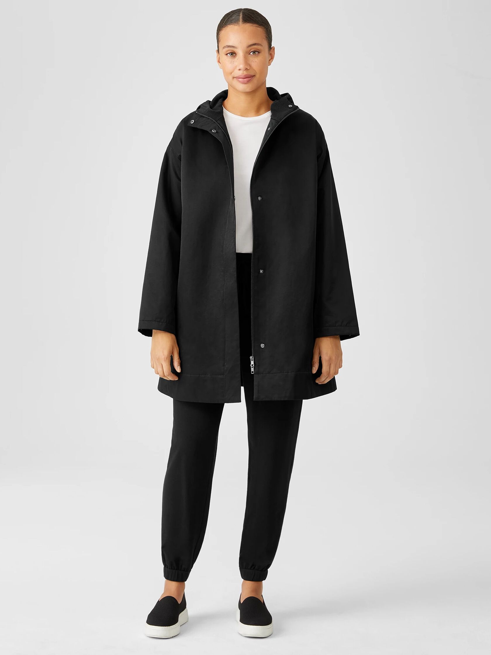 Organic Cotton Nylon Hooded Long Jacket | EILEEN FISHER