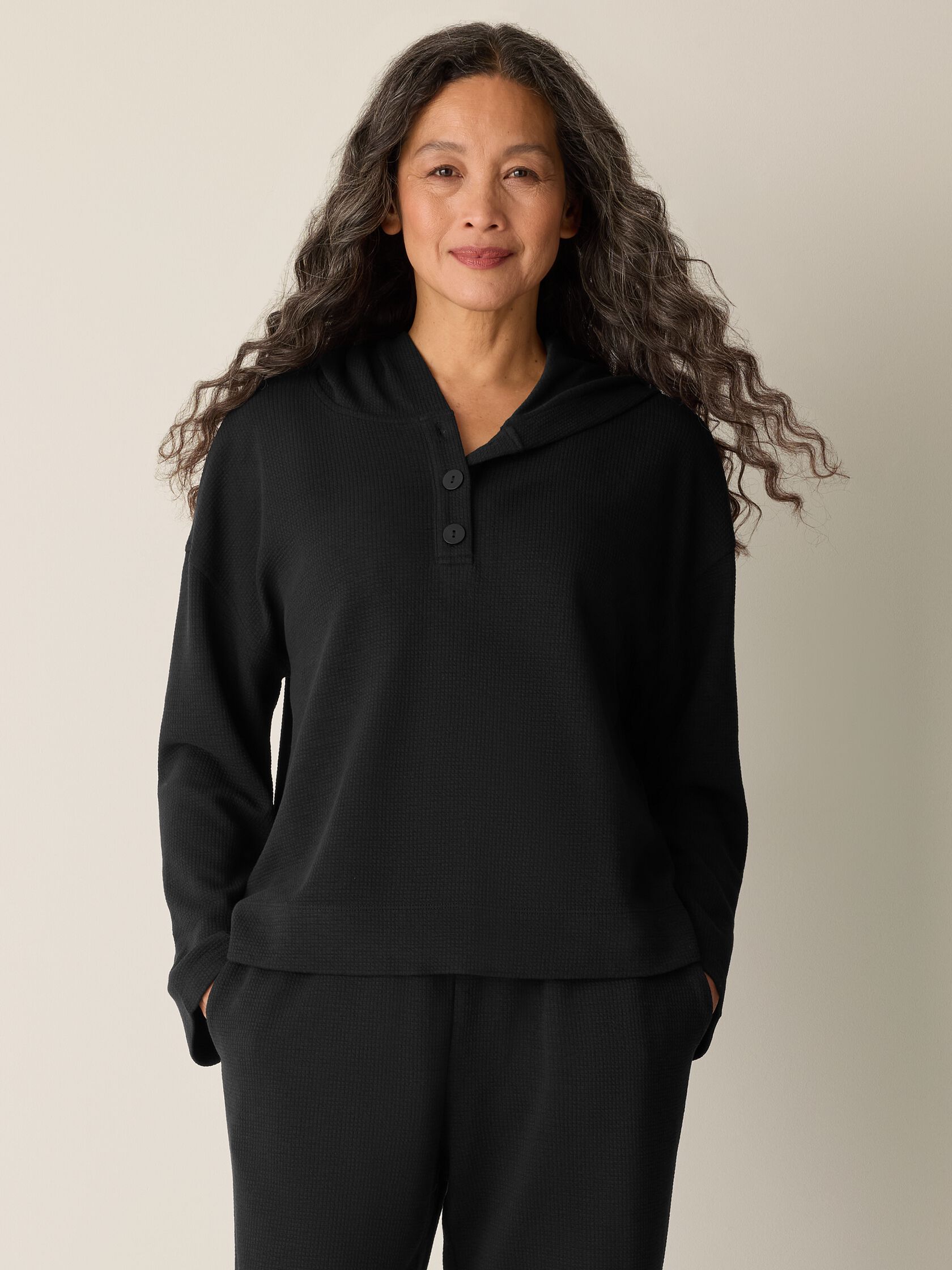 Waffle Cotton Blend Doubleknit Hooded Top