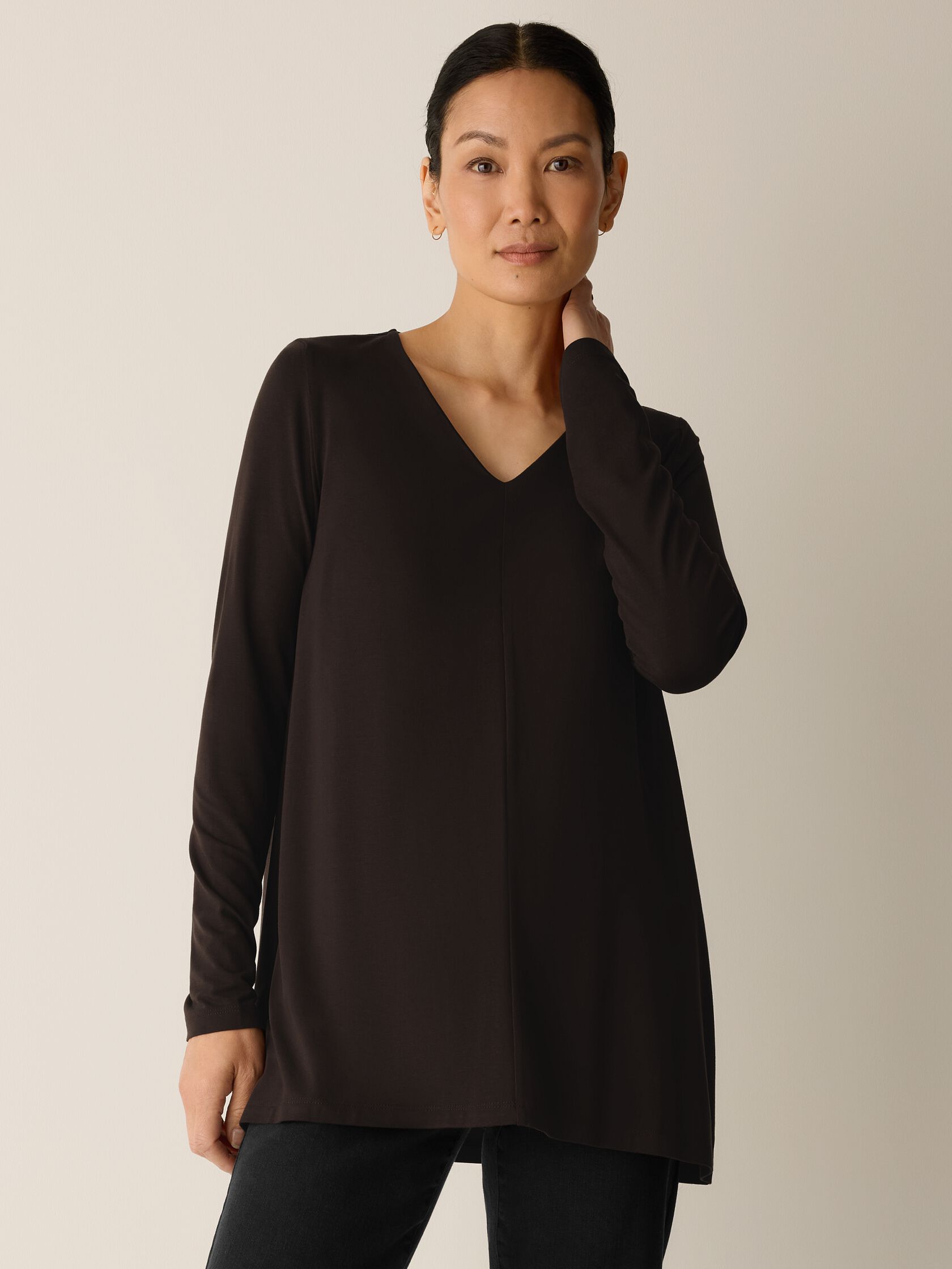 Fine Stretch Jersey Knit V-Neck Long Top