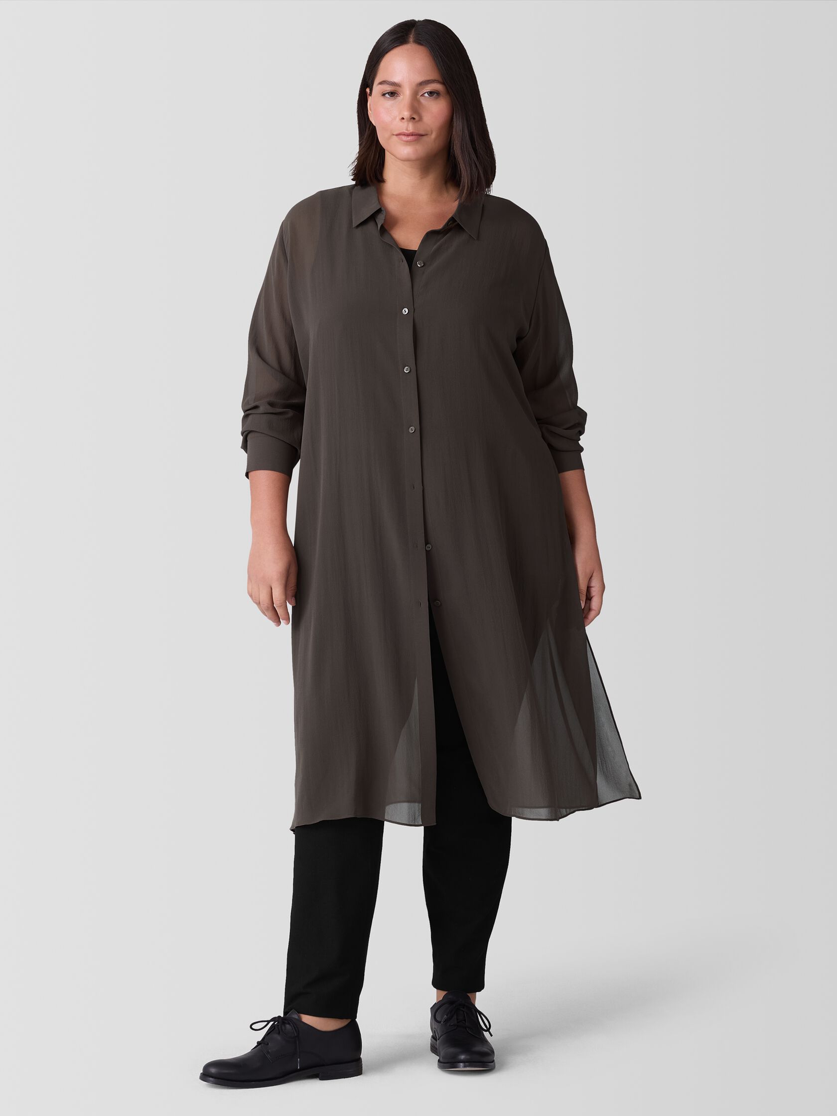 Sheer Silk Georgette Classic Collar Long Shirt