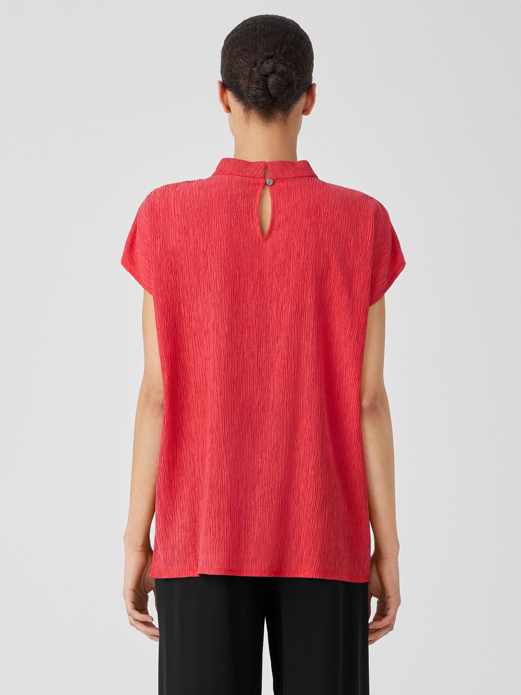 Woven Plisse Mock Neck Top