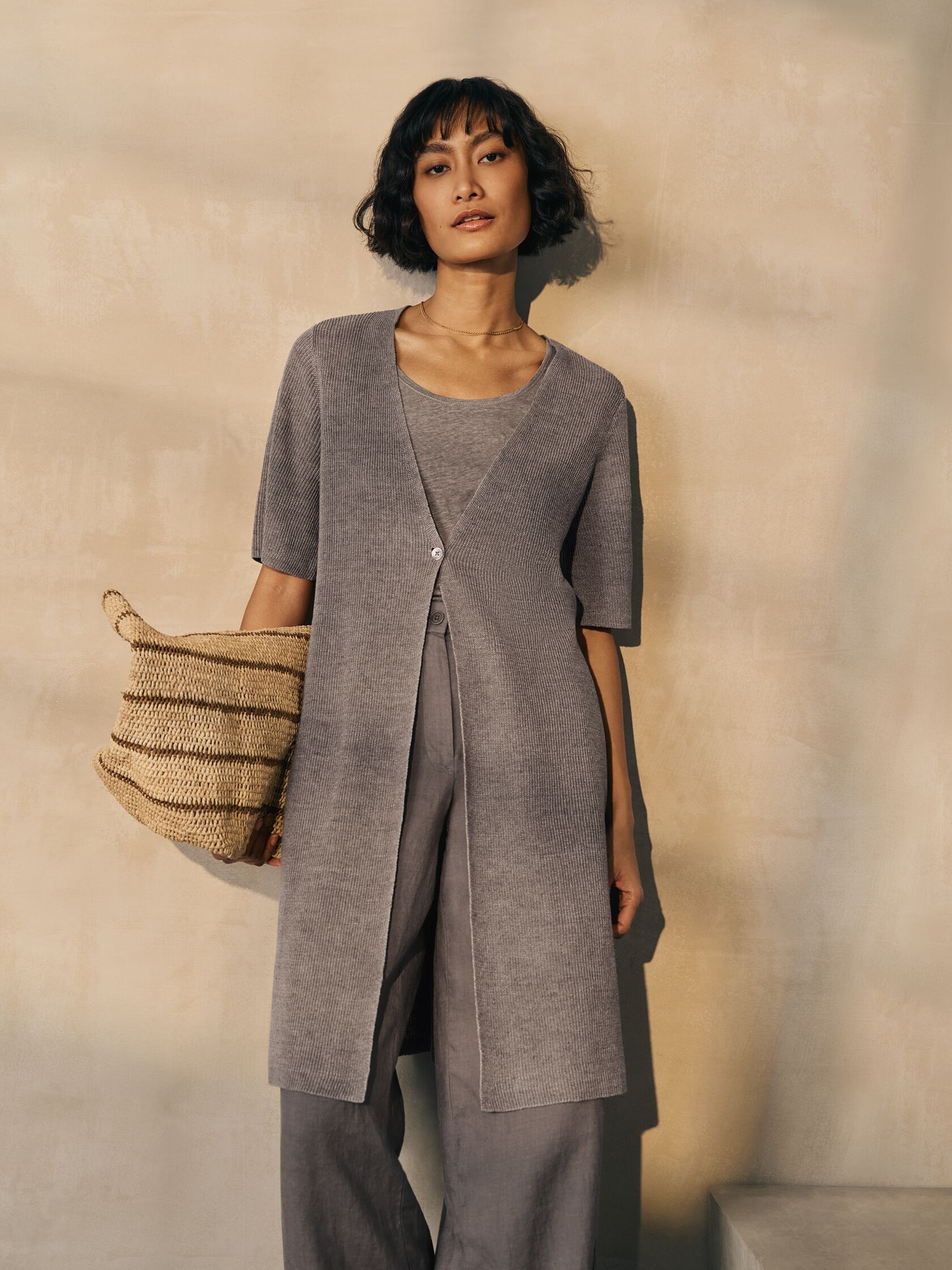 Organic Linen D&eacute;lav&eacute; V-Neck Long Cardigan
