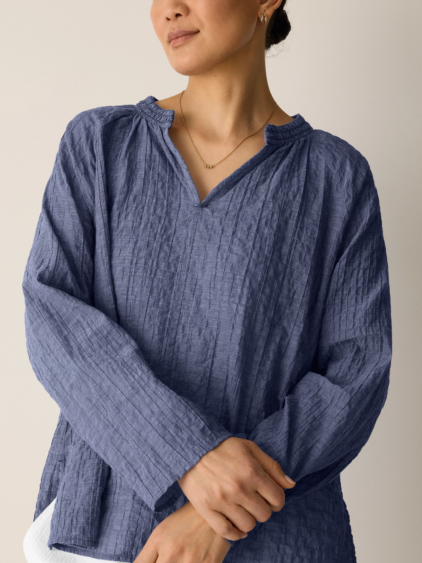 Organic Cotton Microstripe Pucker Split Collar Top