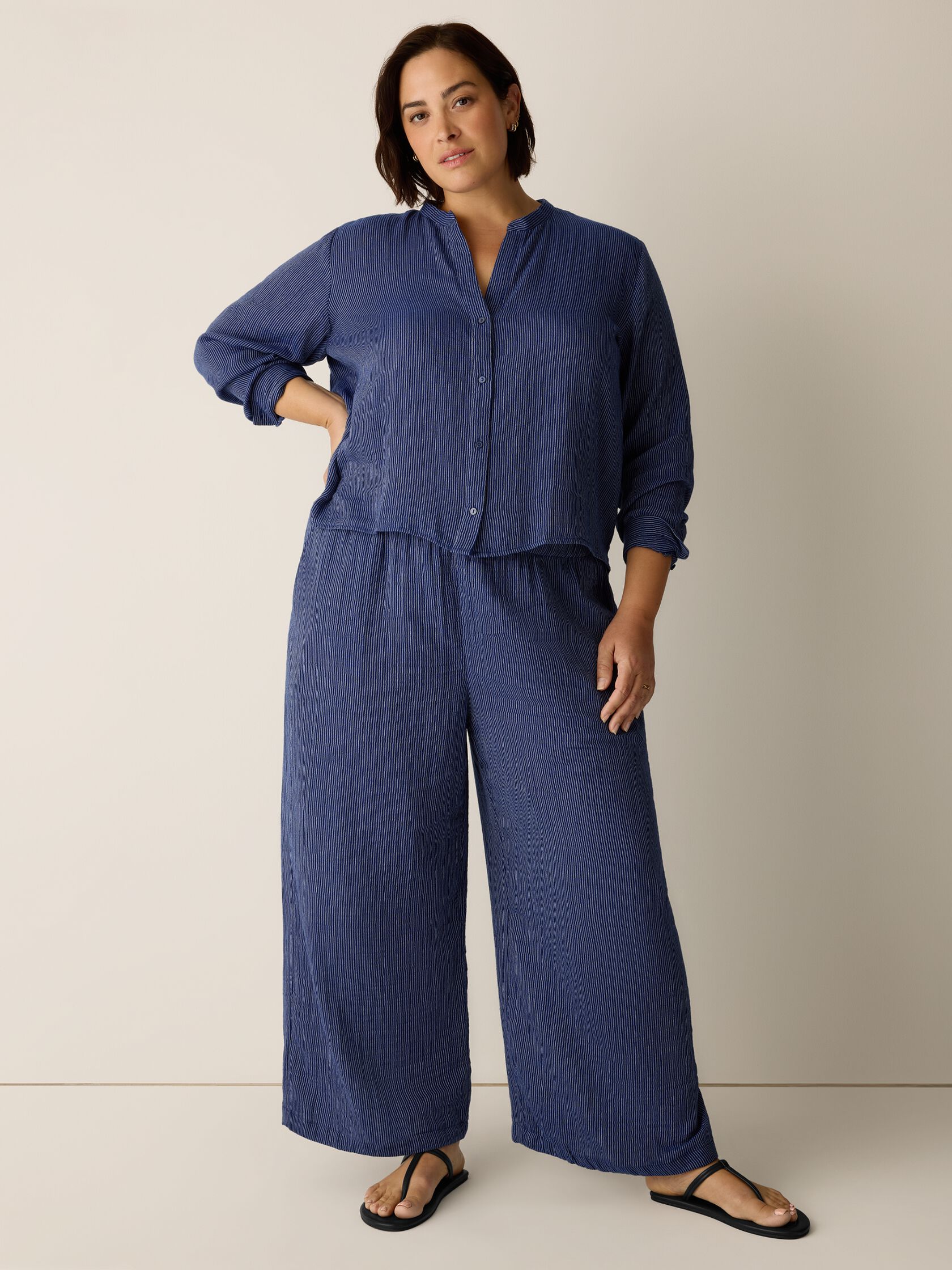 Striped Organic Cotton Gauze Band Collar Shirt