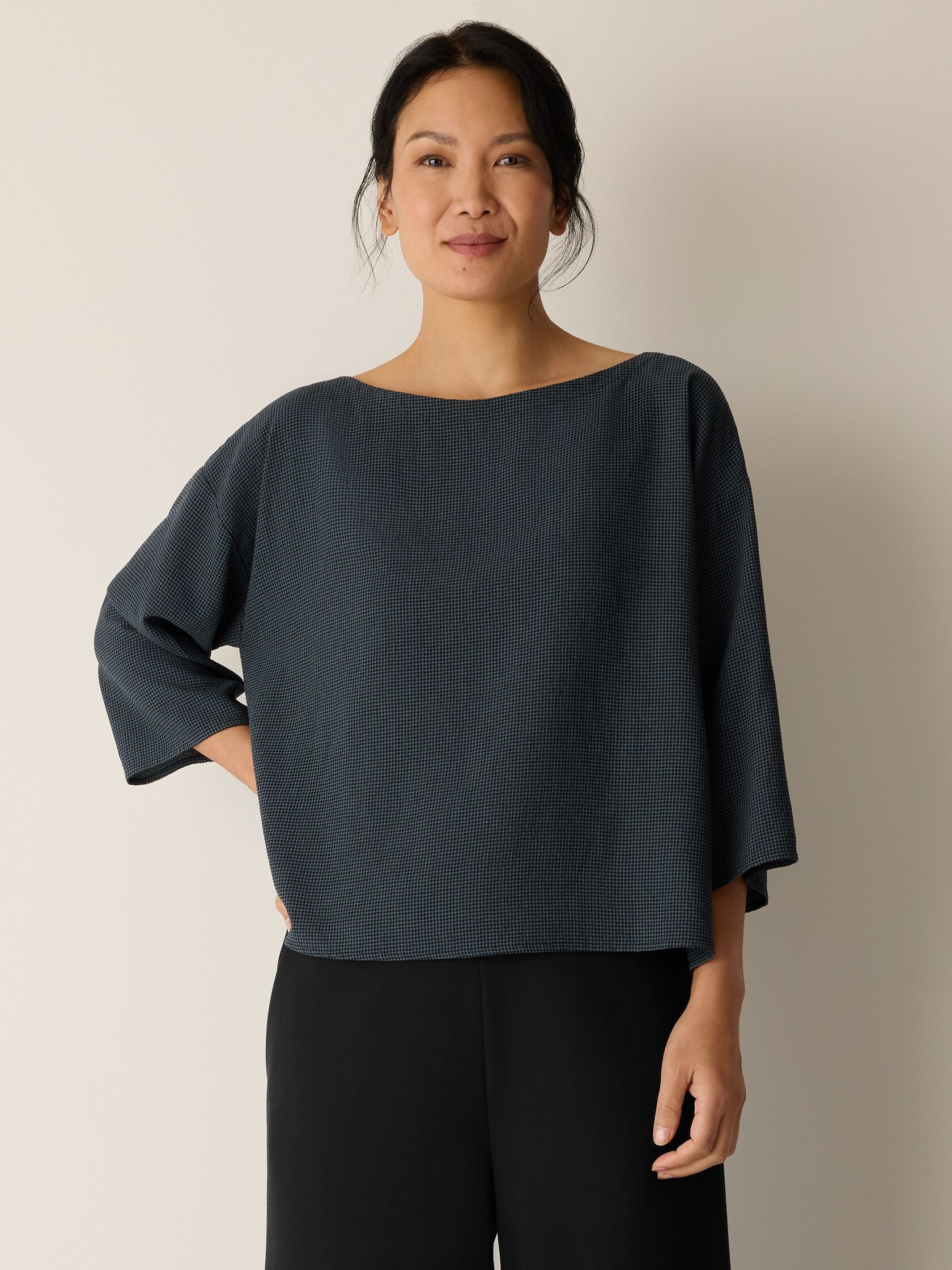 Mini Check Crepe Bateau Neck Box-Top