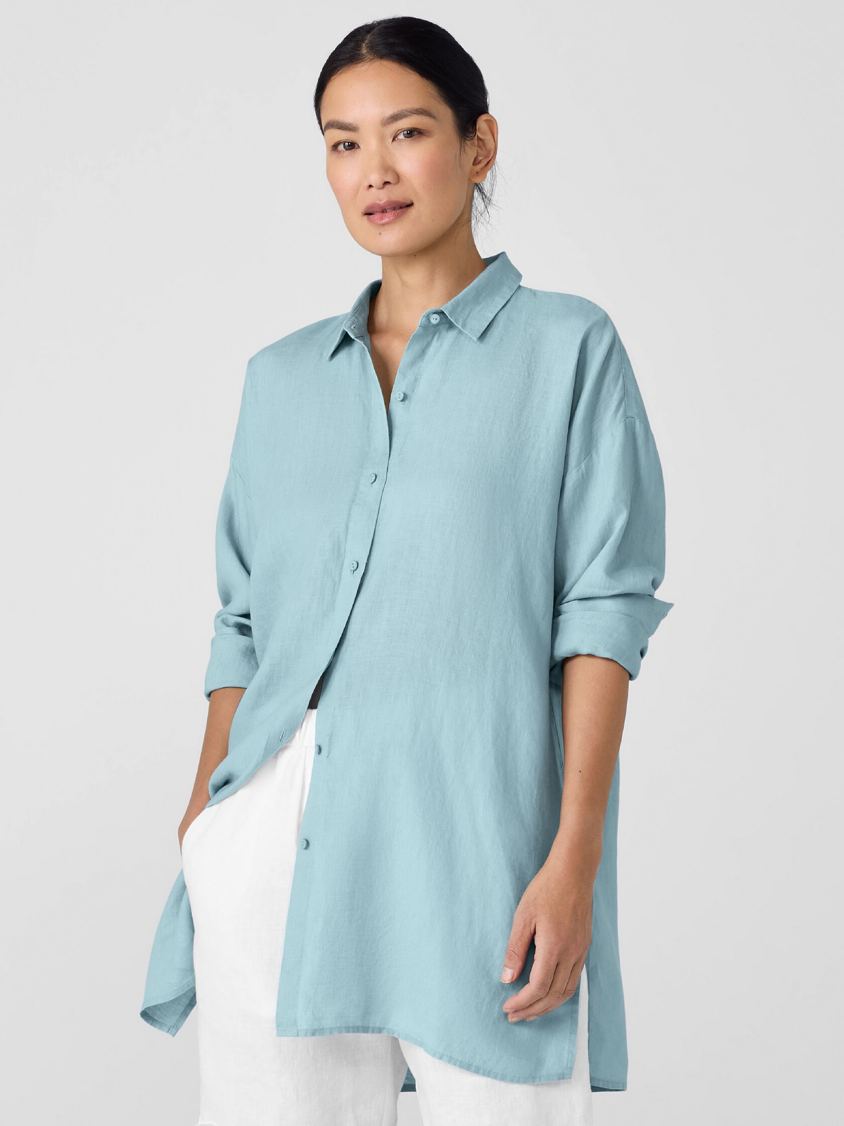Organic Handkerchief Linen Classic Collar Long Shirt