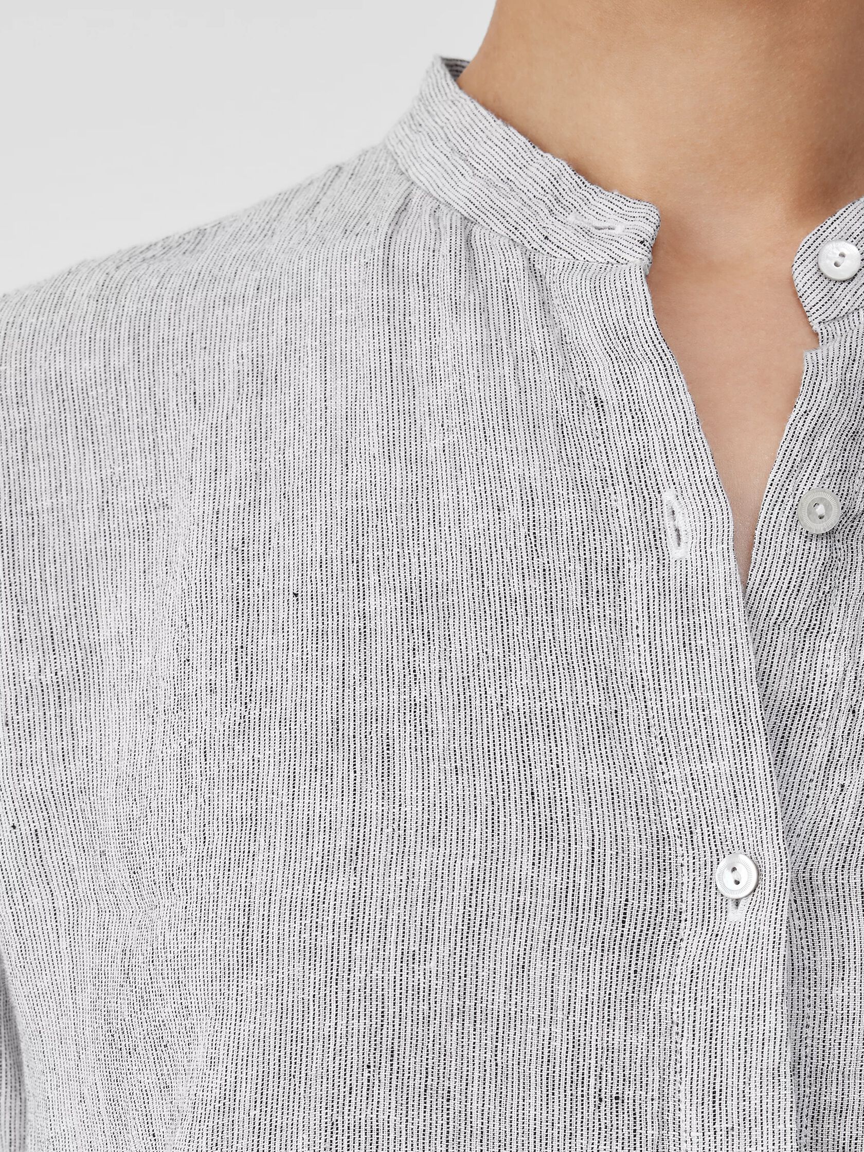 Crinkled Organic Linen Stripe Mandarin Collar Long Shirt