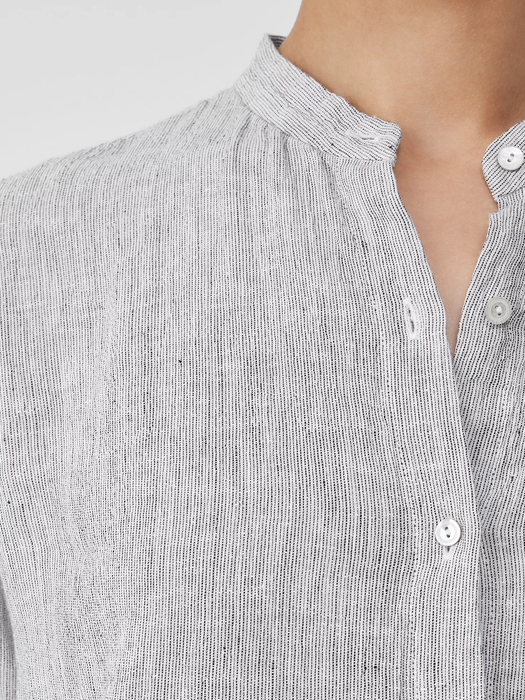 Crinkled Organic Linen Stripe Mandarin Collar Long Shirt