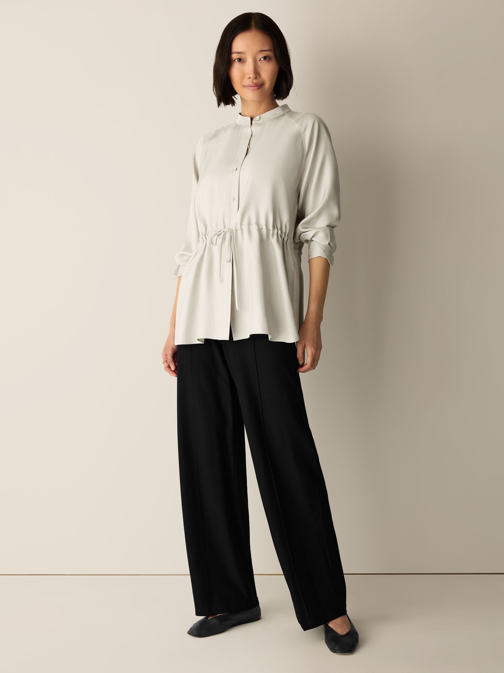 Silk Twill Band Collar Shirt