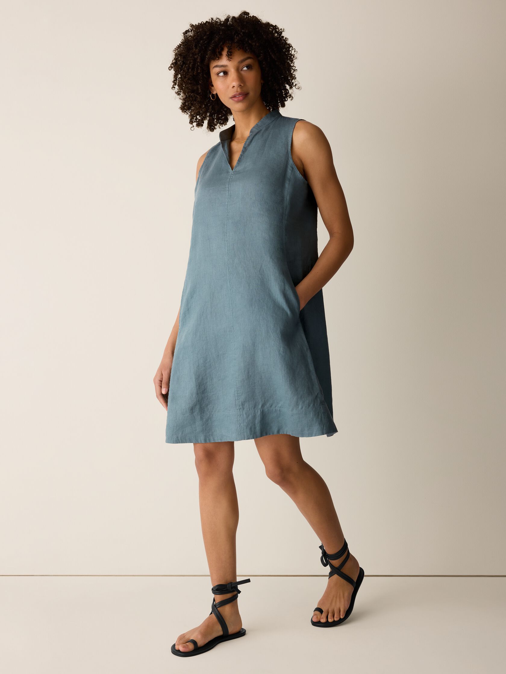 Organic Linen Split Neck Dress
