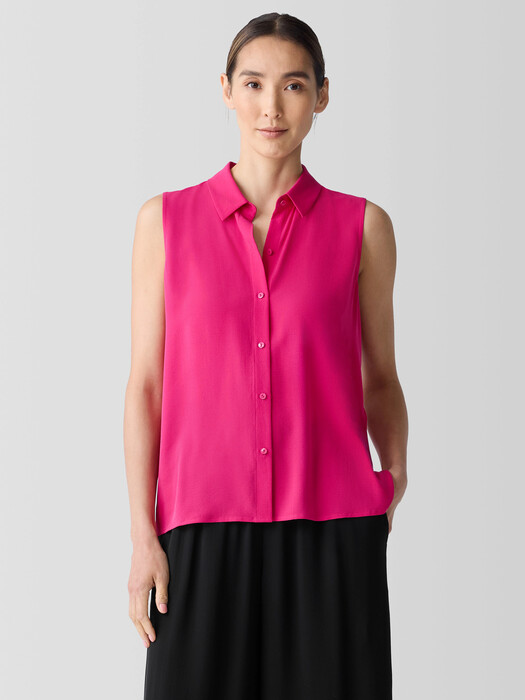 Silk Georgette Crepe Classic Collar Sleeveless Shirt