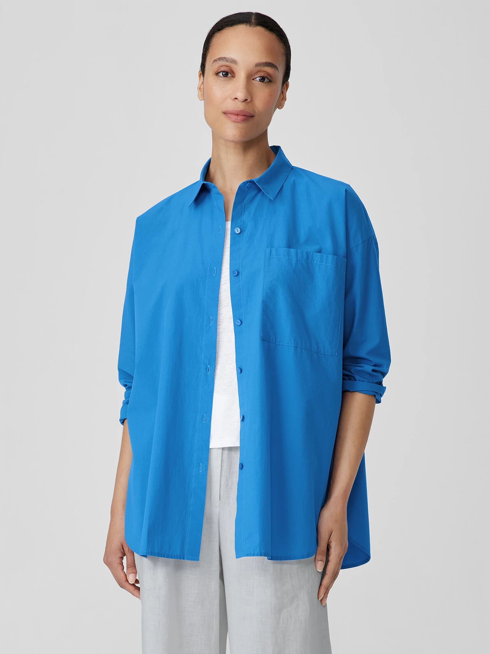 Washed Organic Cotton Poplin Classic Collar Long Shirt