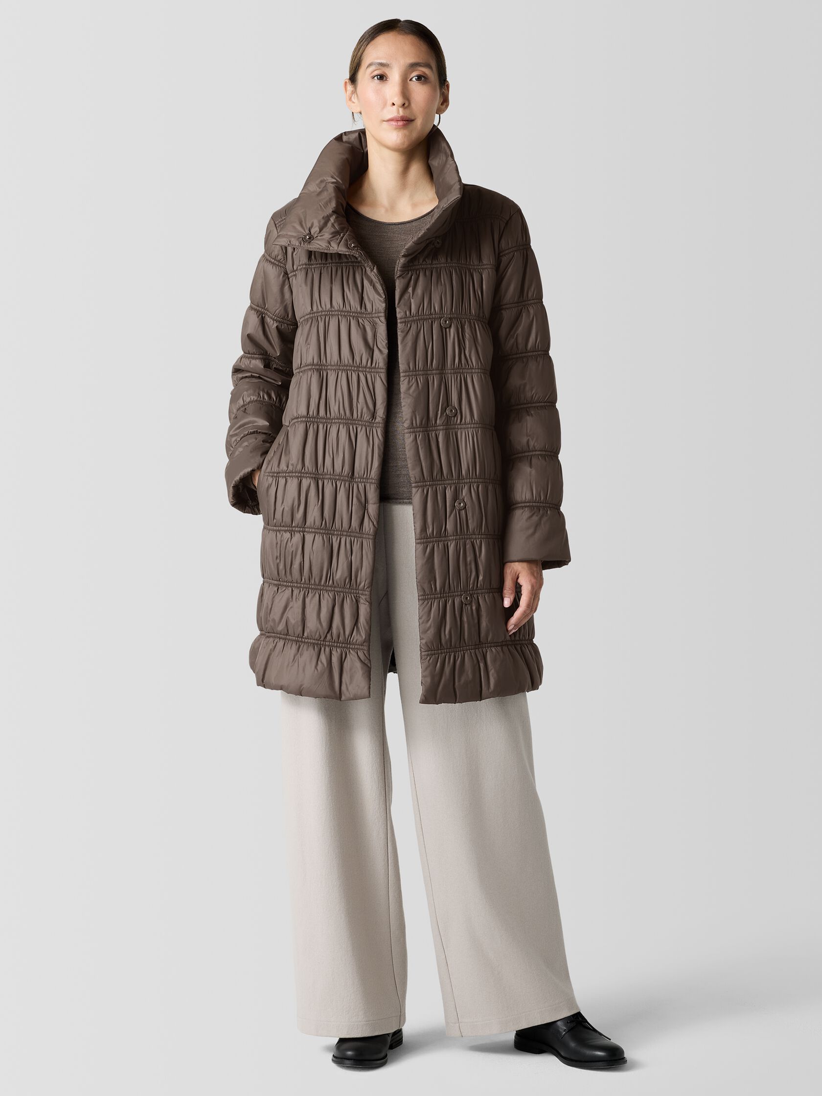 Eggshell Recycled Nylon Stand Collar Coat