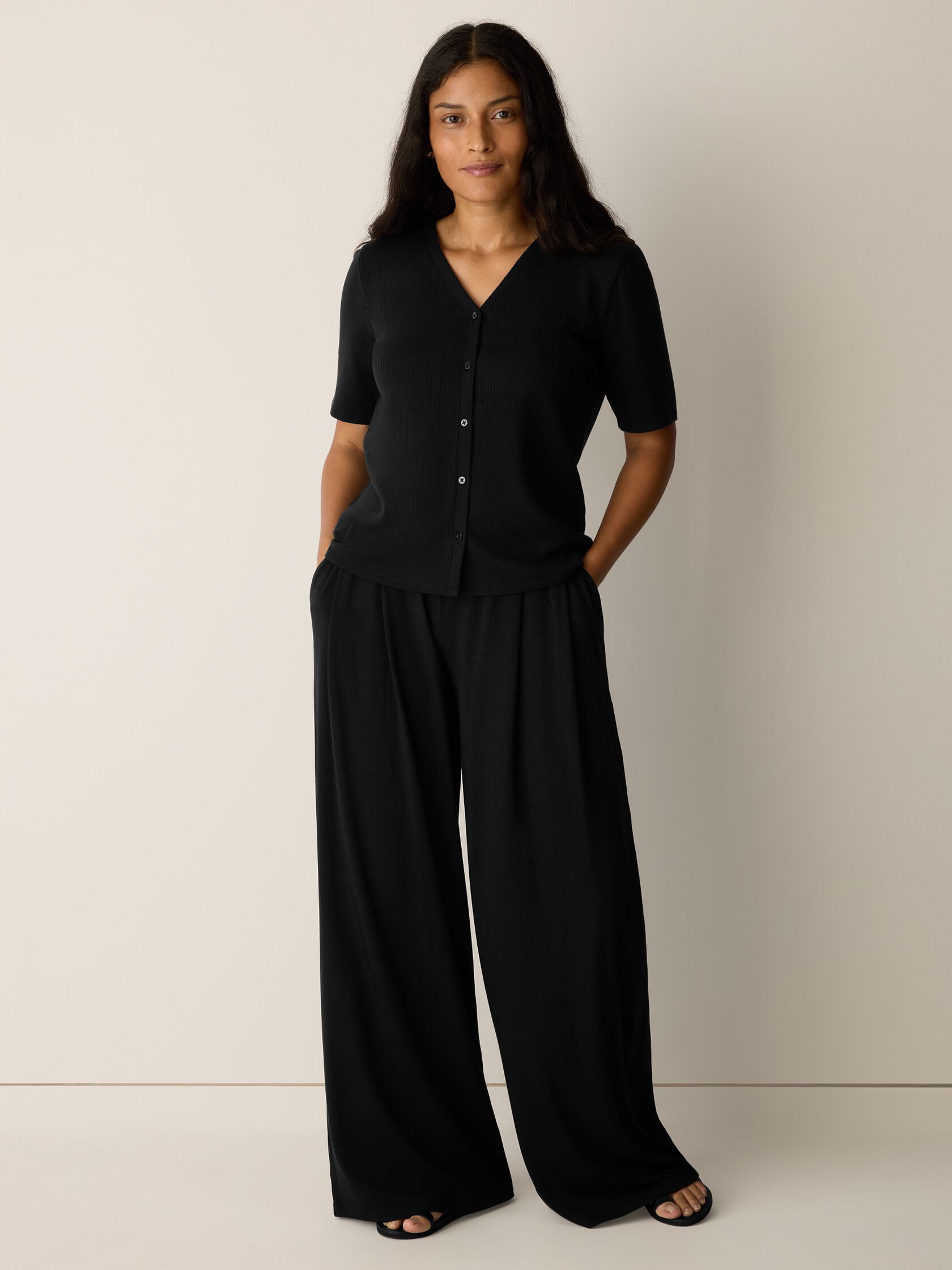 Stretch Jersey Knit Full-Length Wide Pant