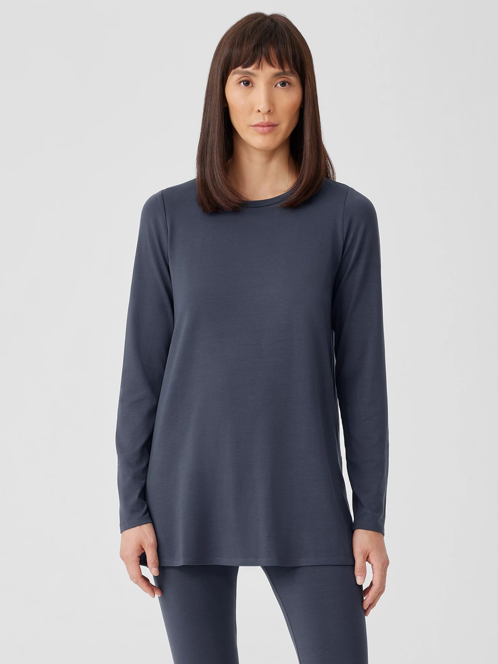 Stretch Jersey Knit Crew Neck Long Top