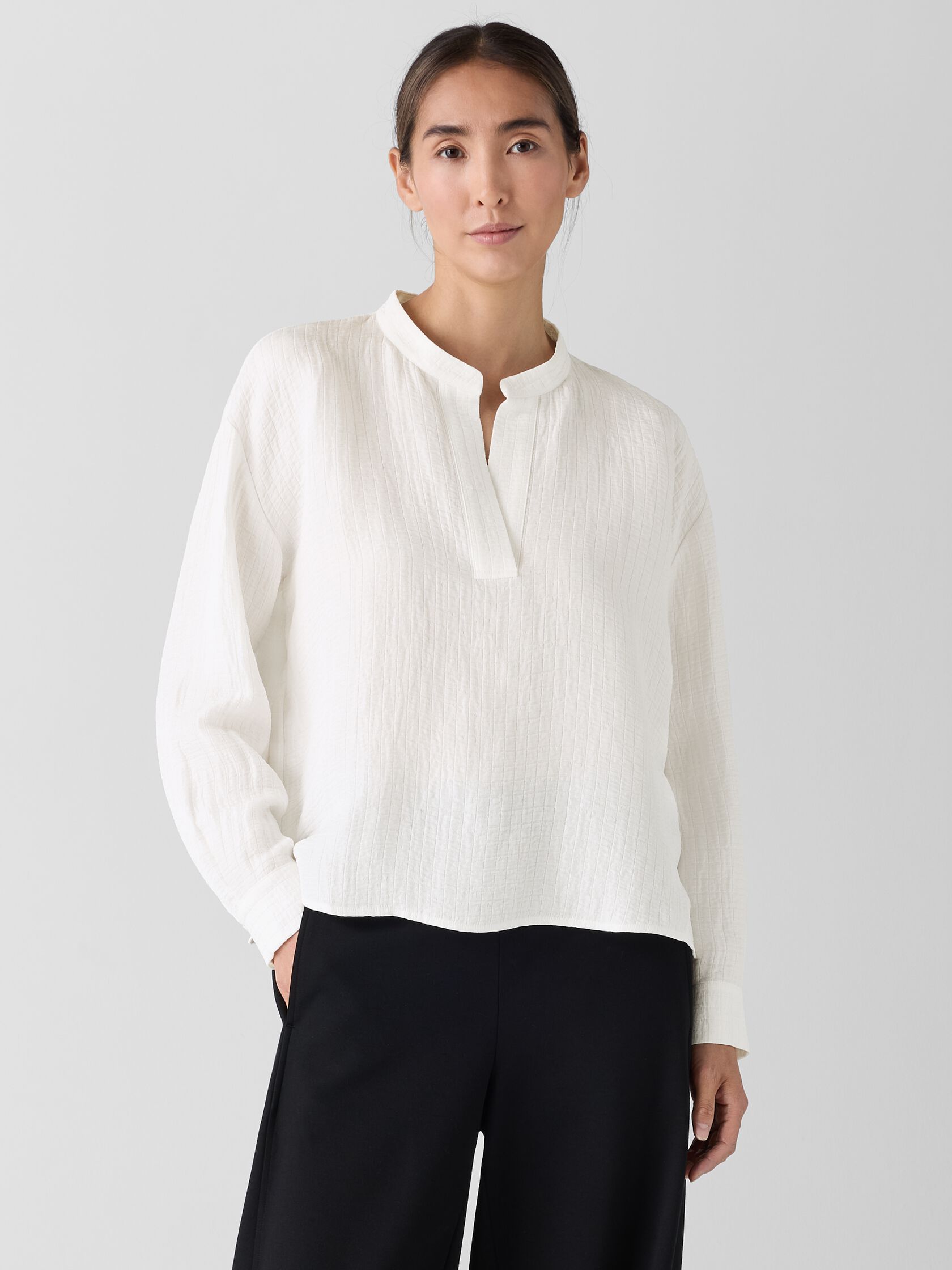 Silk Linen Box Band Collar Top