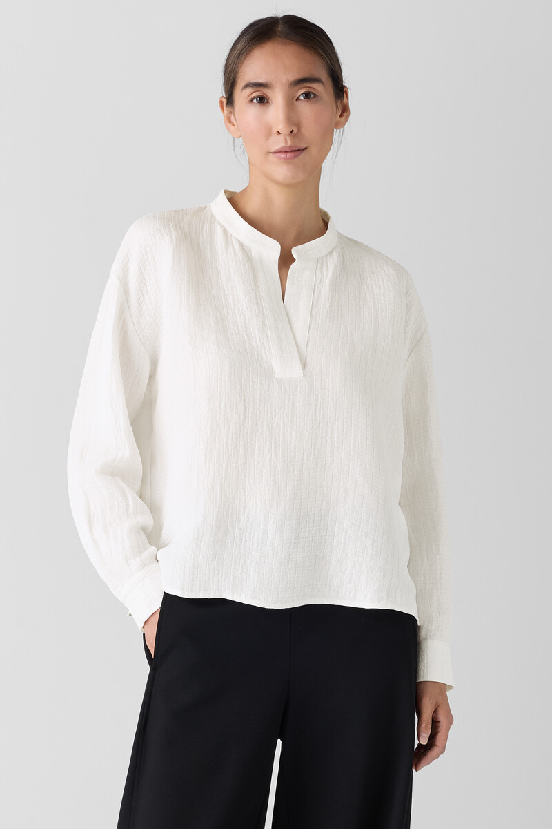Silk Linen Box Band Collar Top Silk Linen Box Band Collar Top