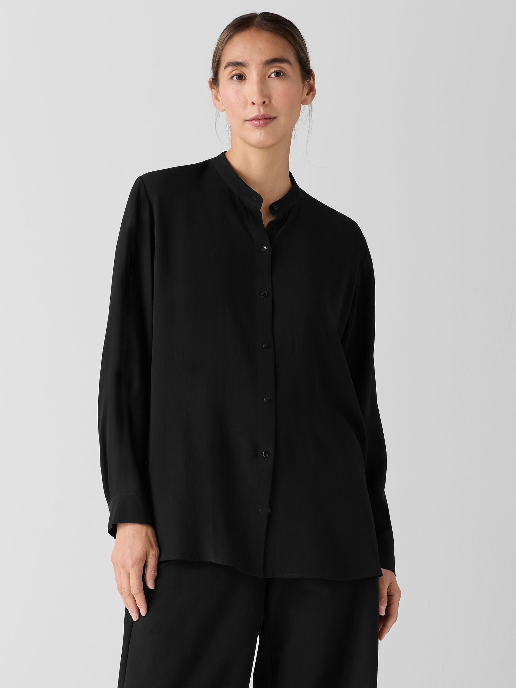 Silk Georgette Crepe Band Collar Shirt