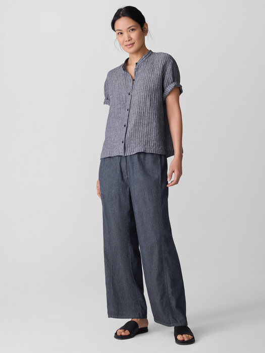 Puckered Organic Linen Band Collar Shirt