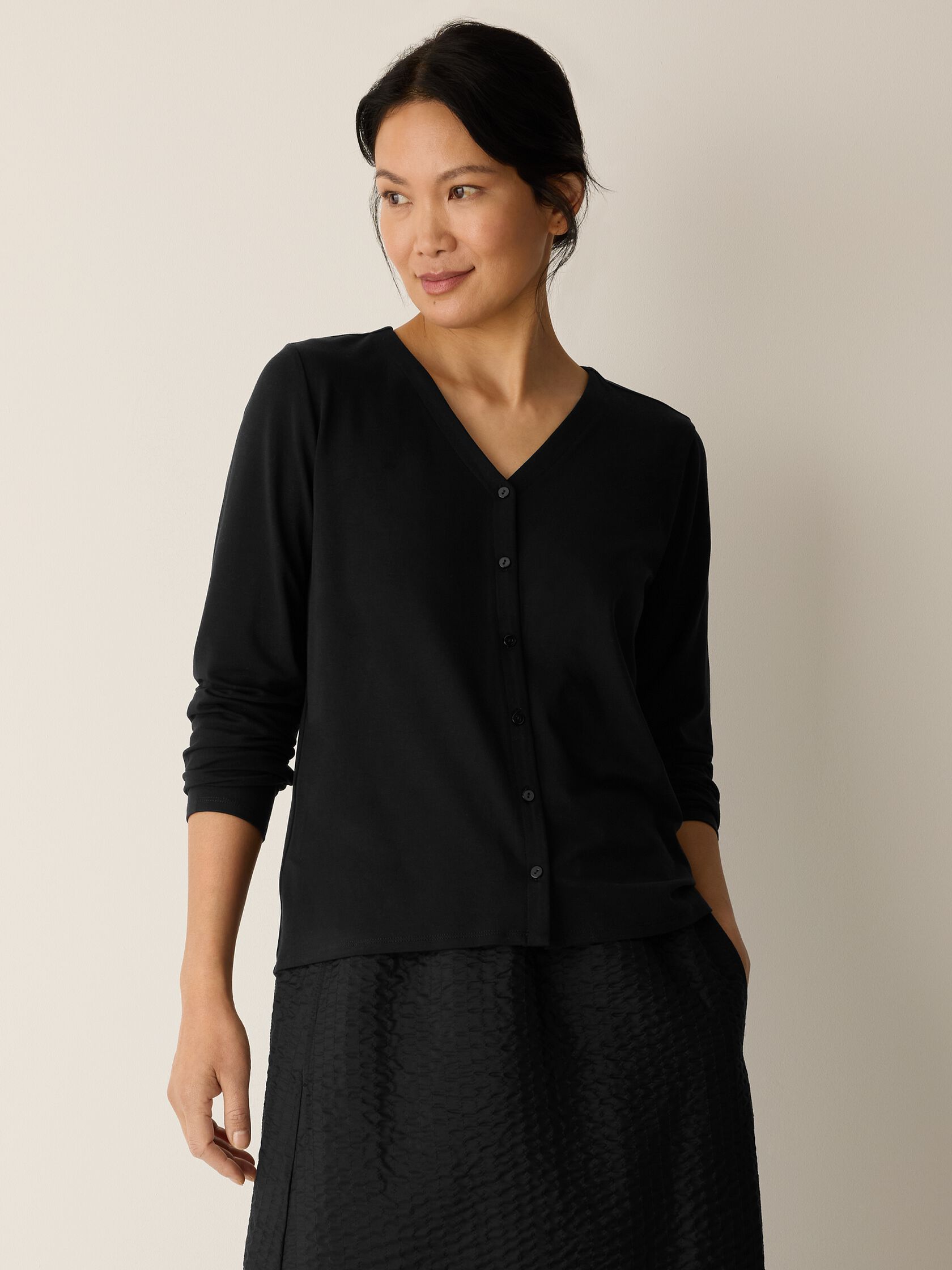 Stretch Jersey Knit Button-Front Top