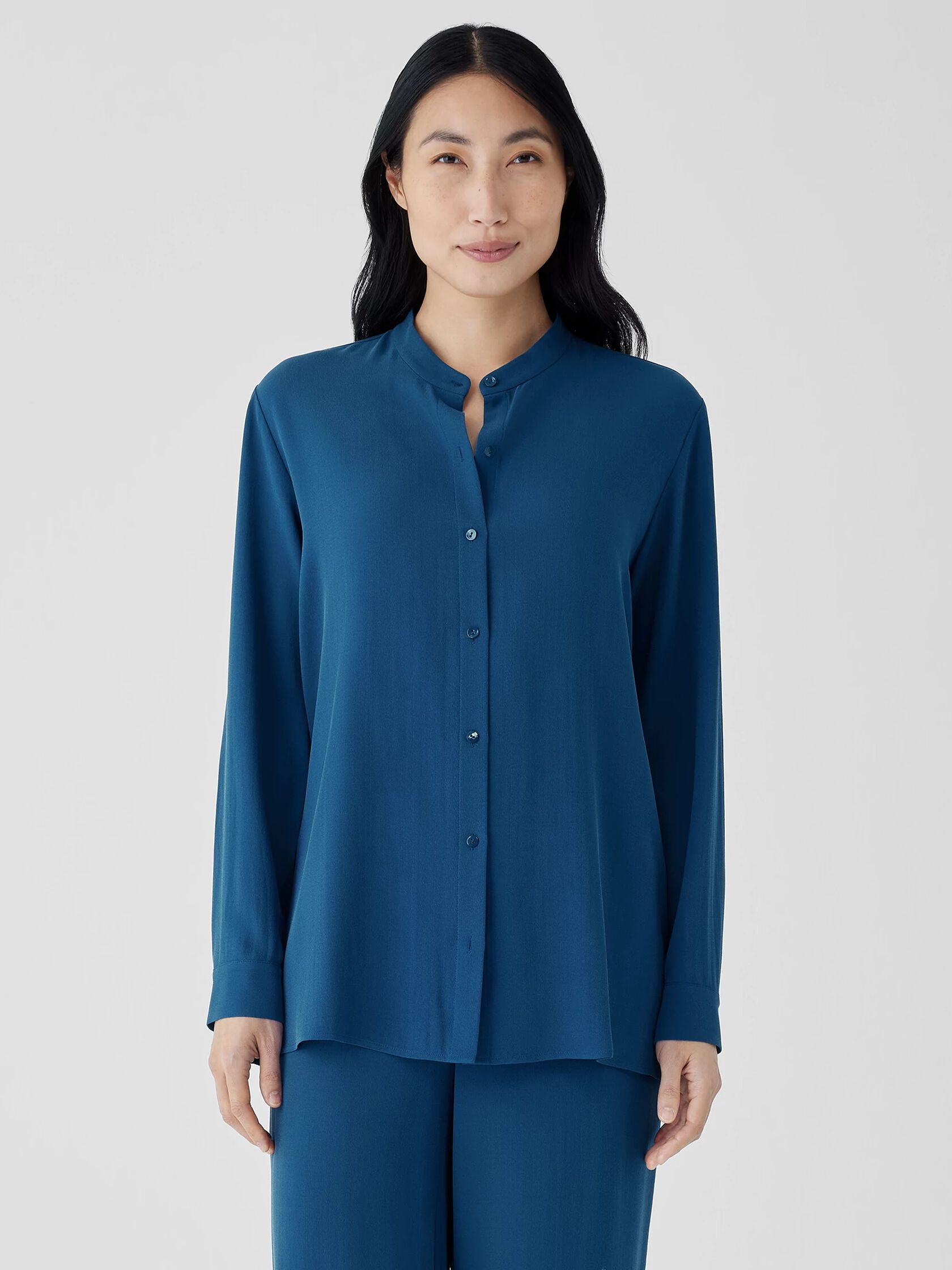 Silk Georgette Crepe Band Collar Shirt