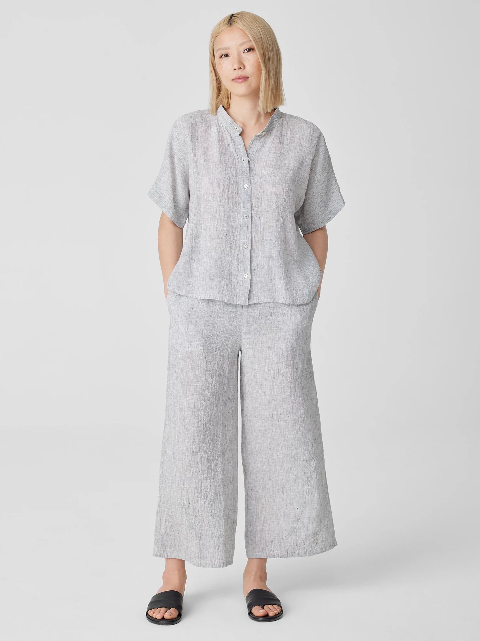 Crinkled Organic Linen Stripe Wide-Leg Pant