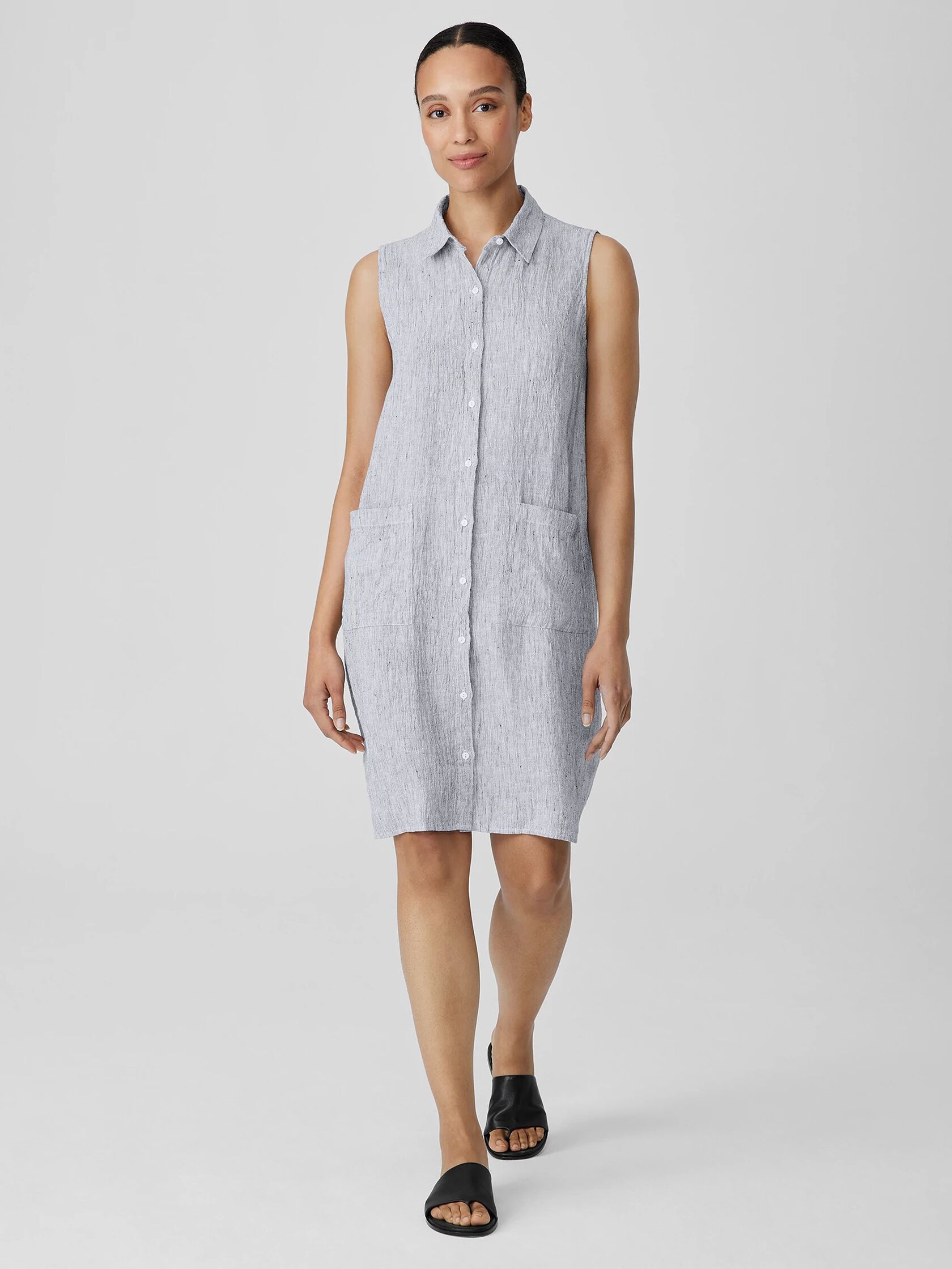 Striped Organic Linen Crinkle Sleeveless Shirtdress