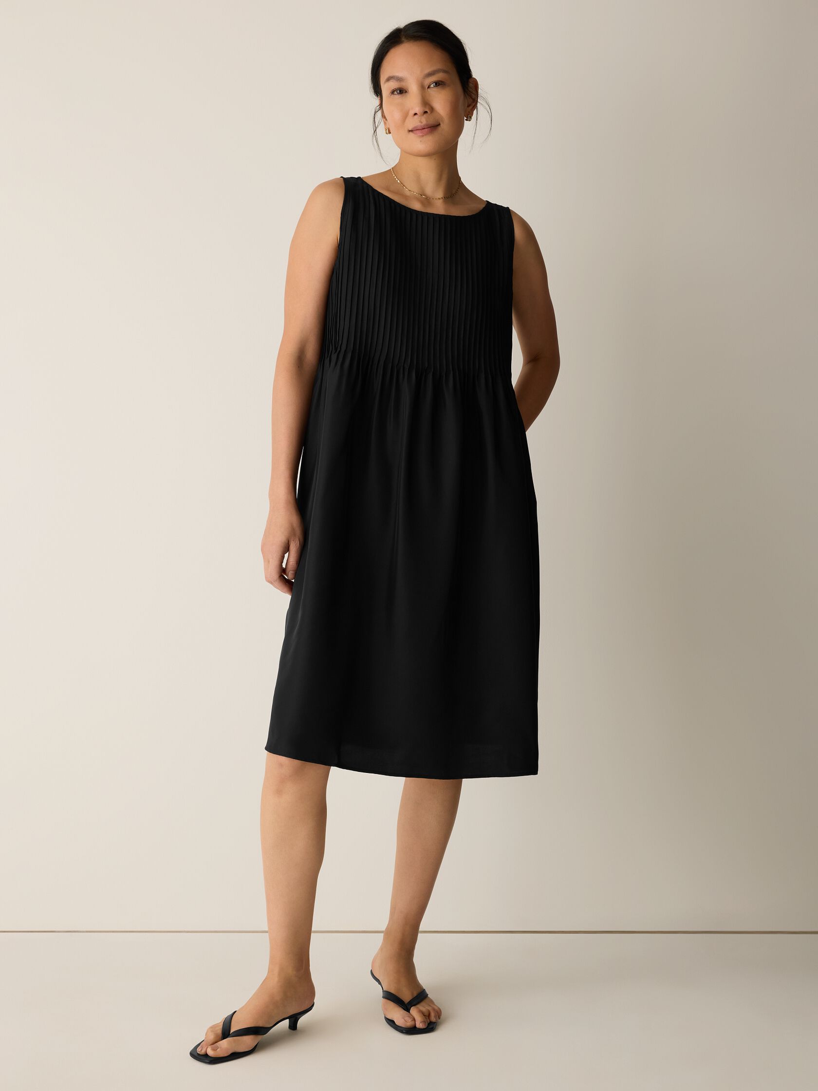 Pleated Silk Bateau Neck Dress