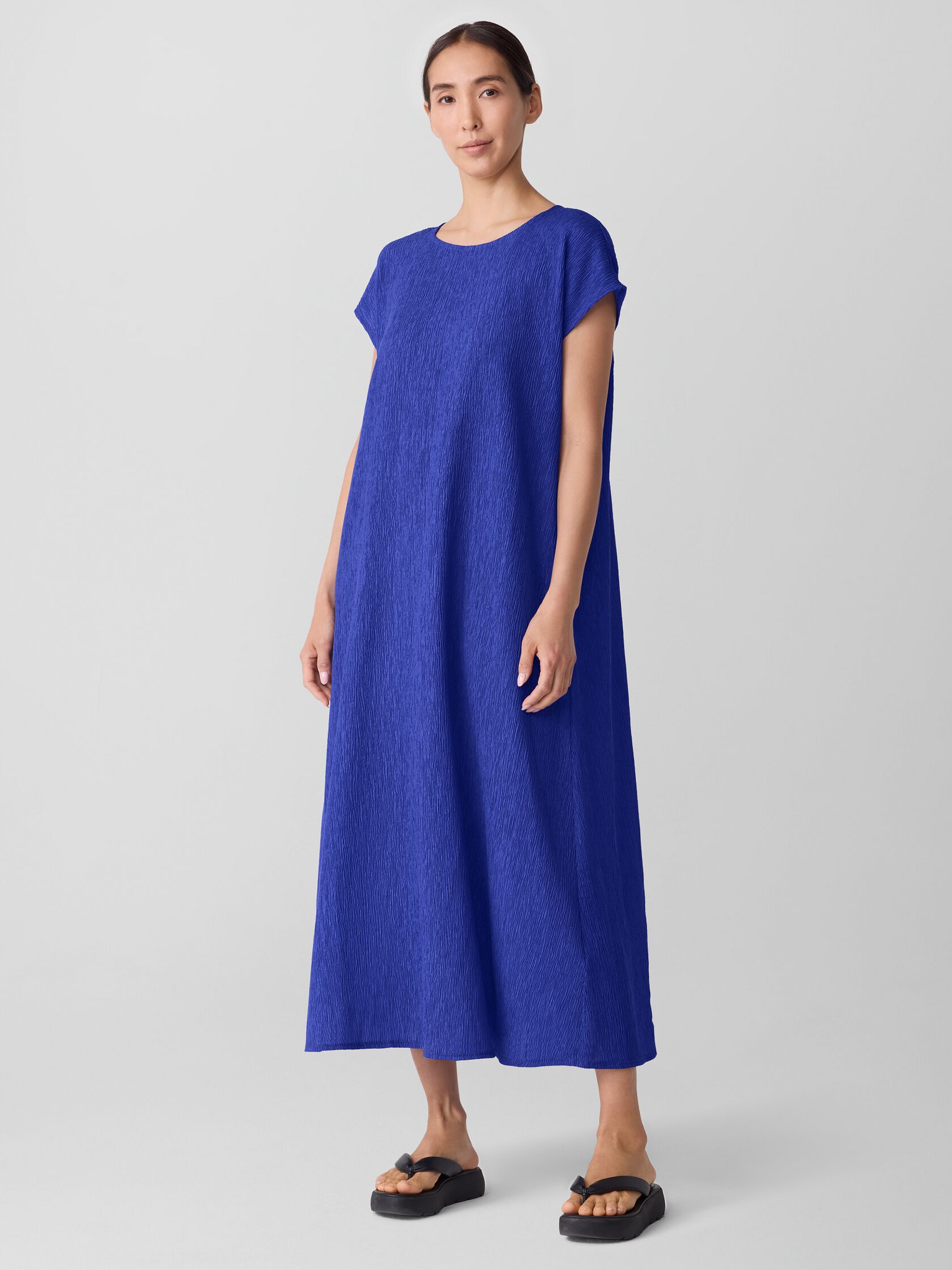 Woven Pliss&eacute; Round Neck Dress