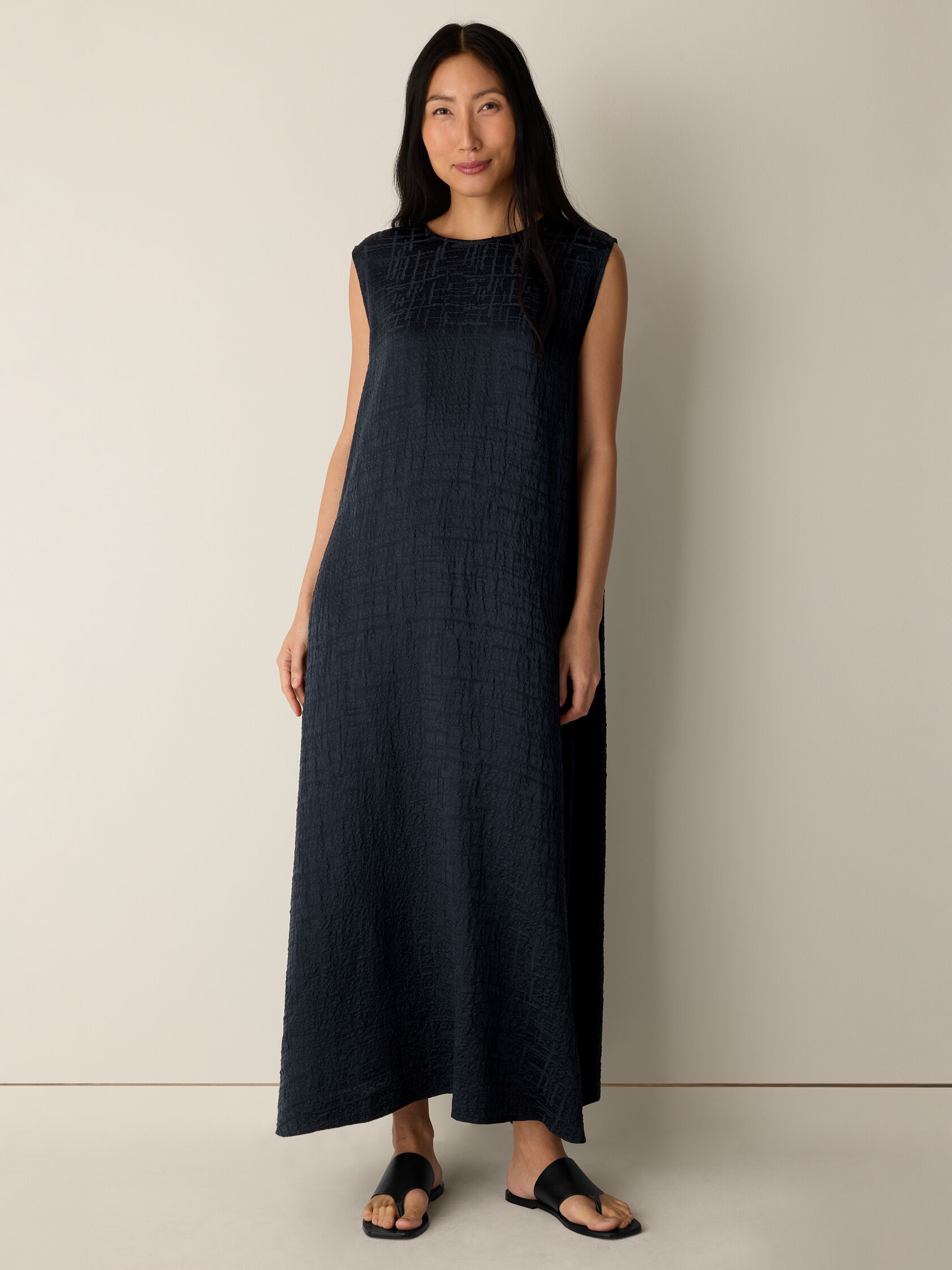 Dimensional Silk Jacquard Round Neck Dress