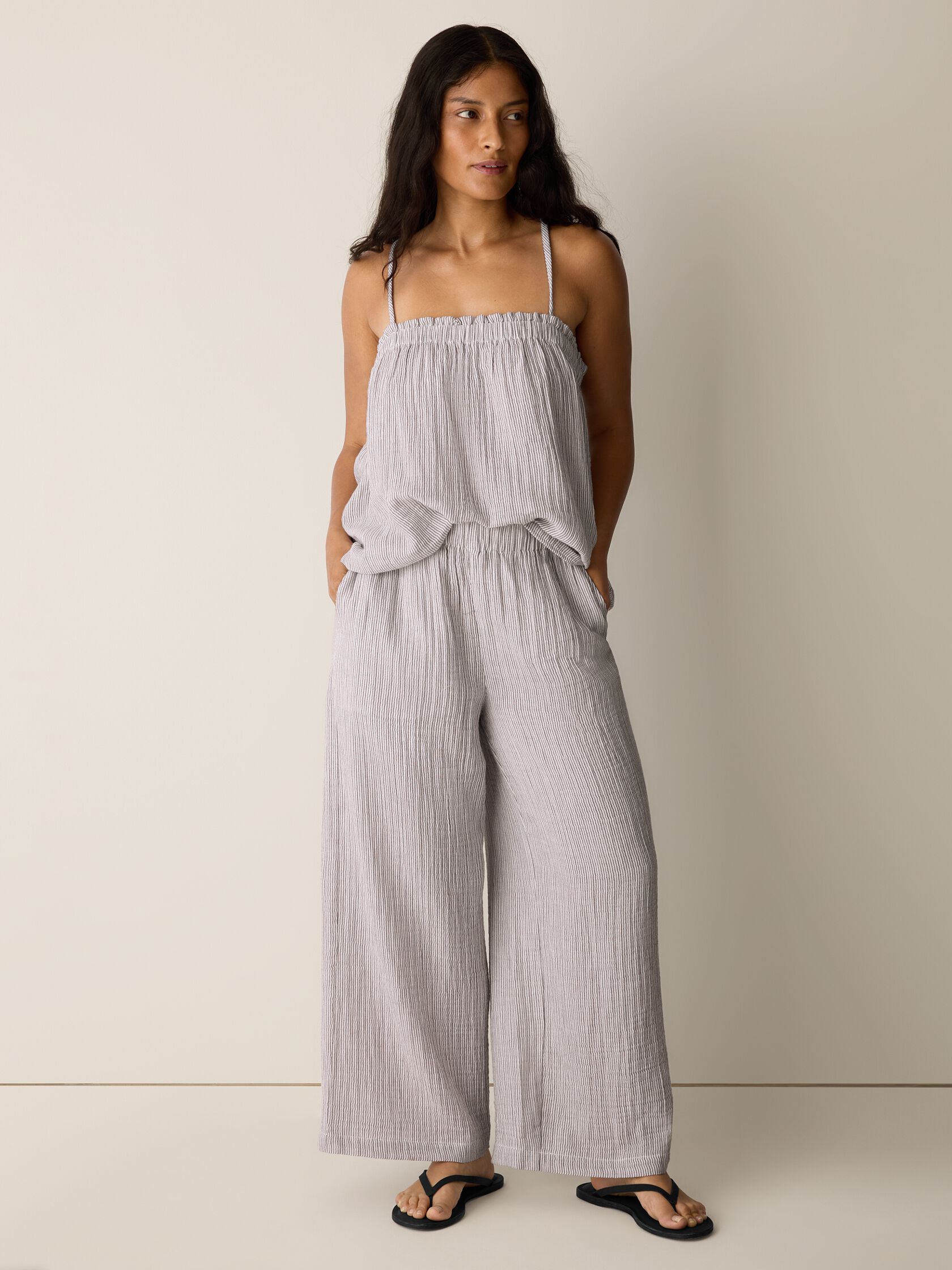 Striped Organic Cotton Gauze Wide-Leg Pant