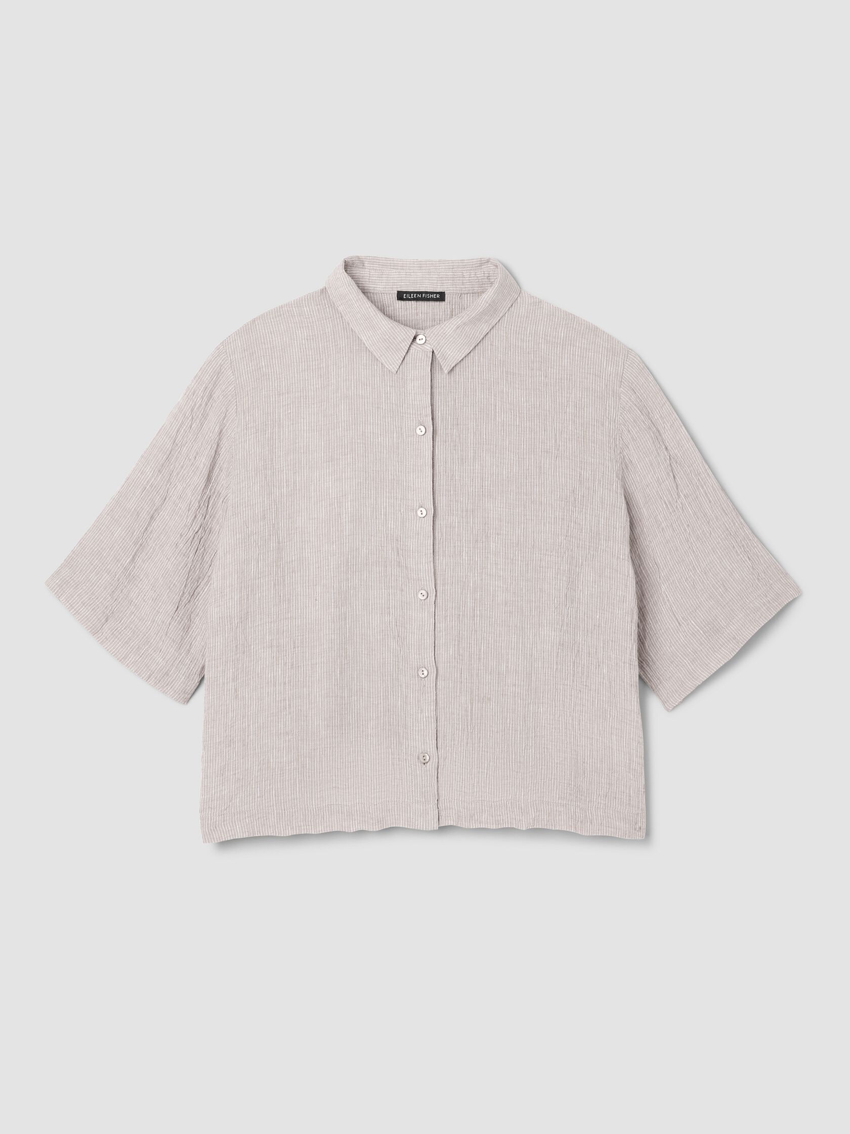 Puckered Organic Linen Stripe Elbow-Sleeve Shirt