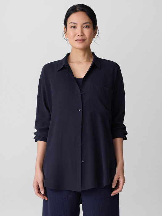 Silk Georgette Crepe Classic Collar Long Shirt