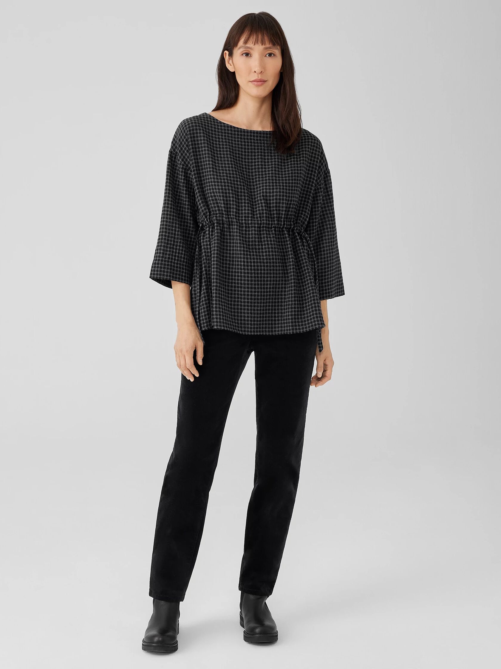 Wool Cotton Check Bateau Neck Top