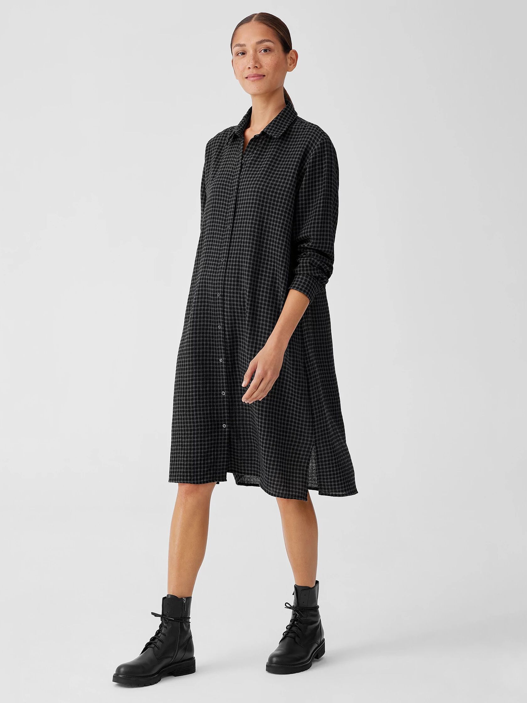 Wool Cotton Check Classic Collar Shirtdress