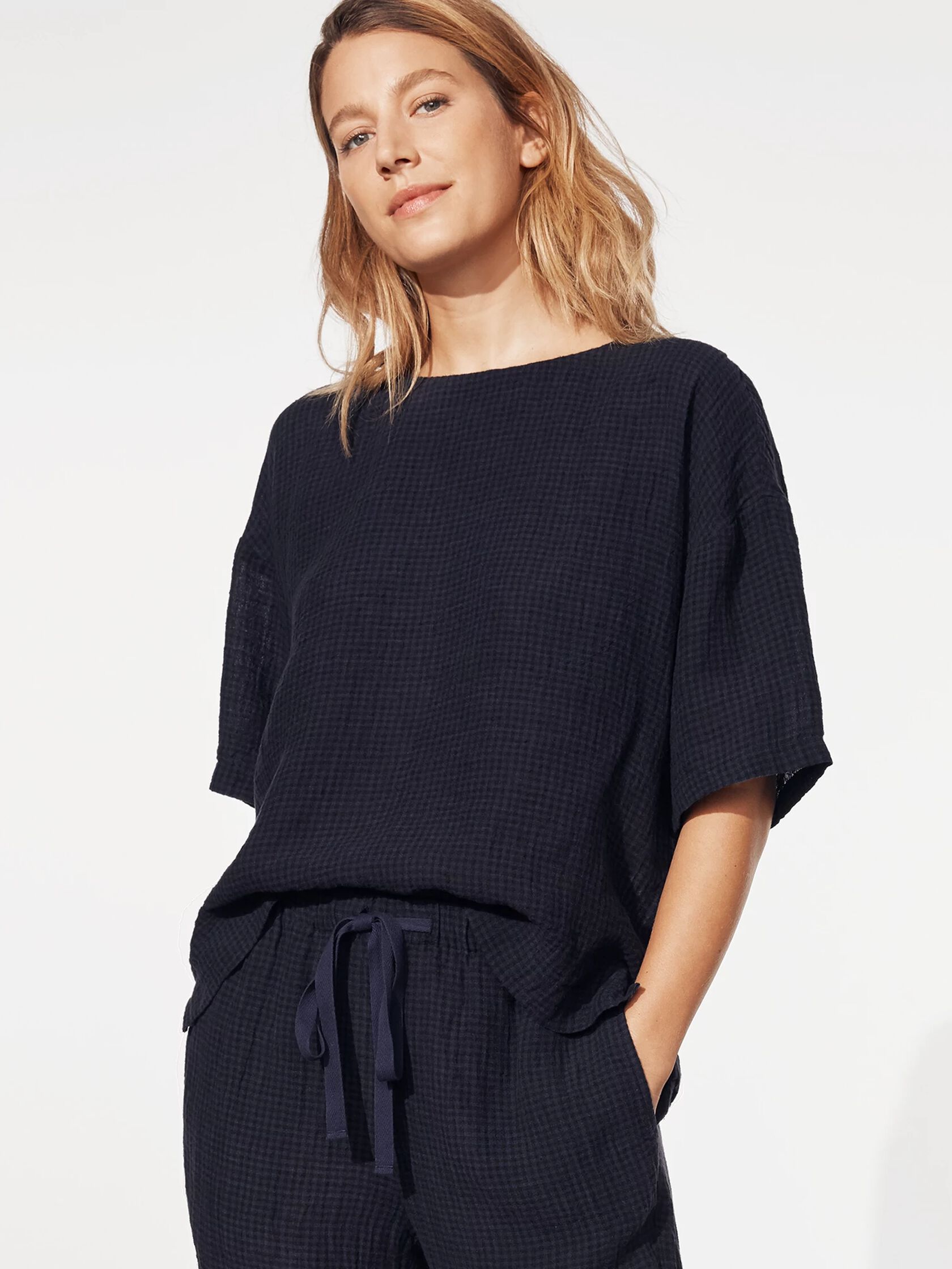 Puckered Organic Linen Jewel Neck Box-Top
