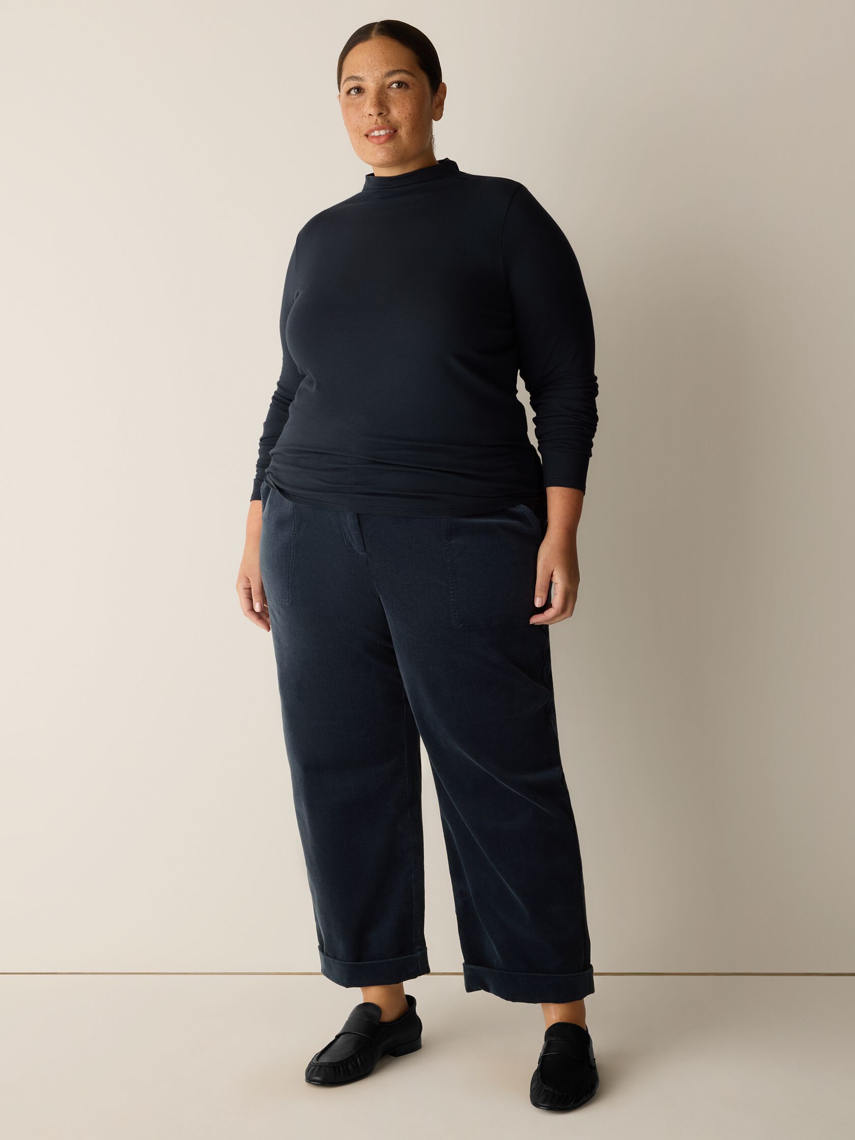 Sheer Cotton Blend Knit Funnel Neck Top