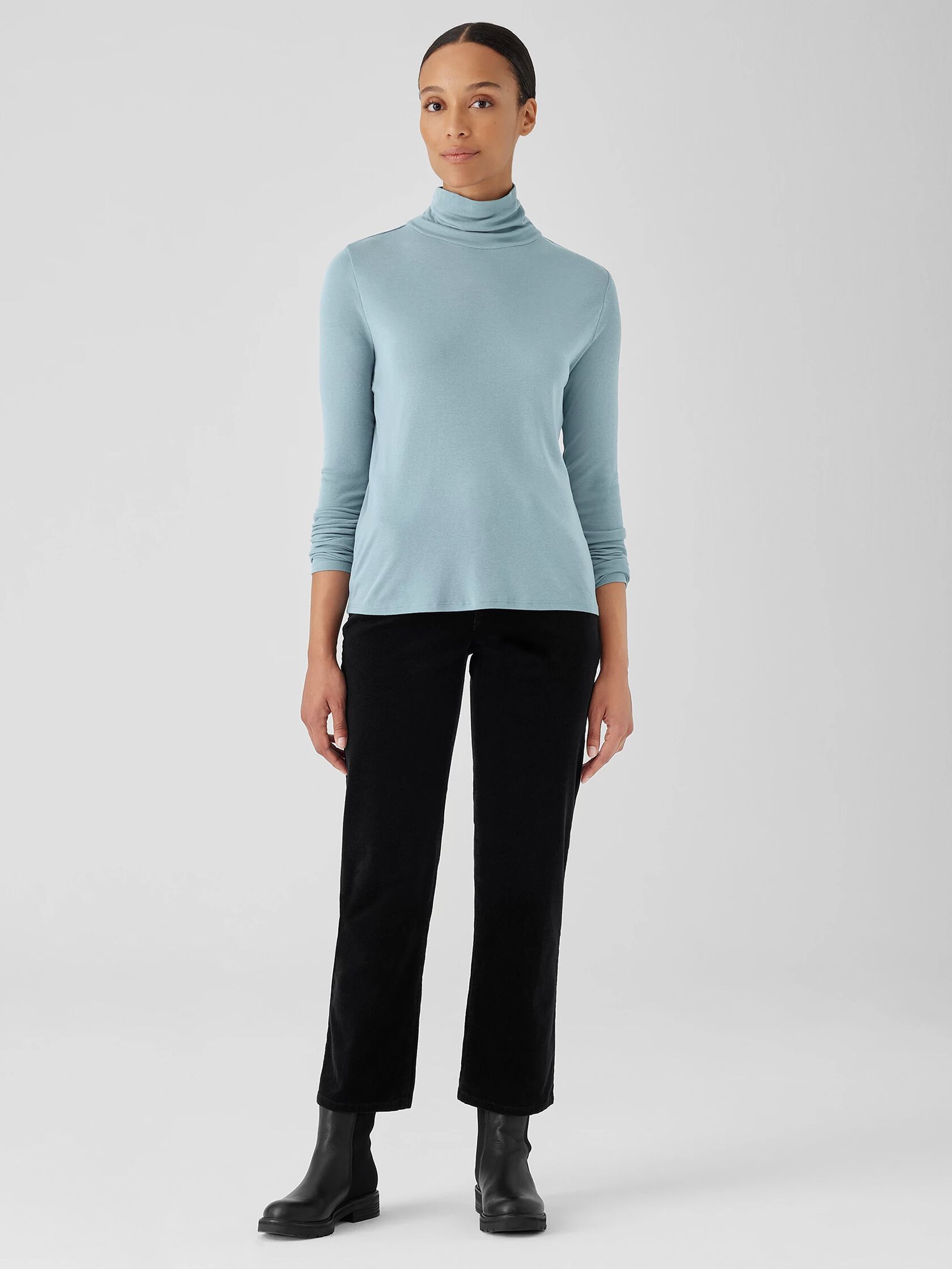 Ribbed Pima Cotton Blend Turtleneck Top