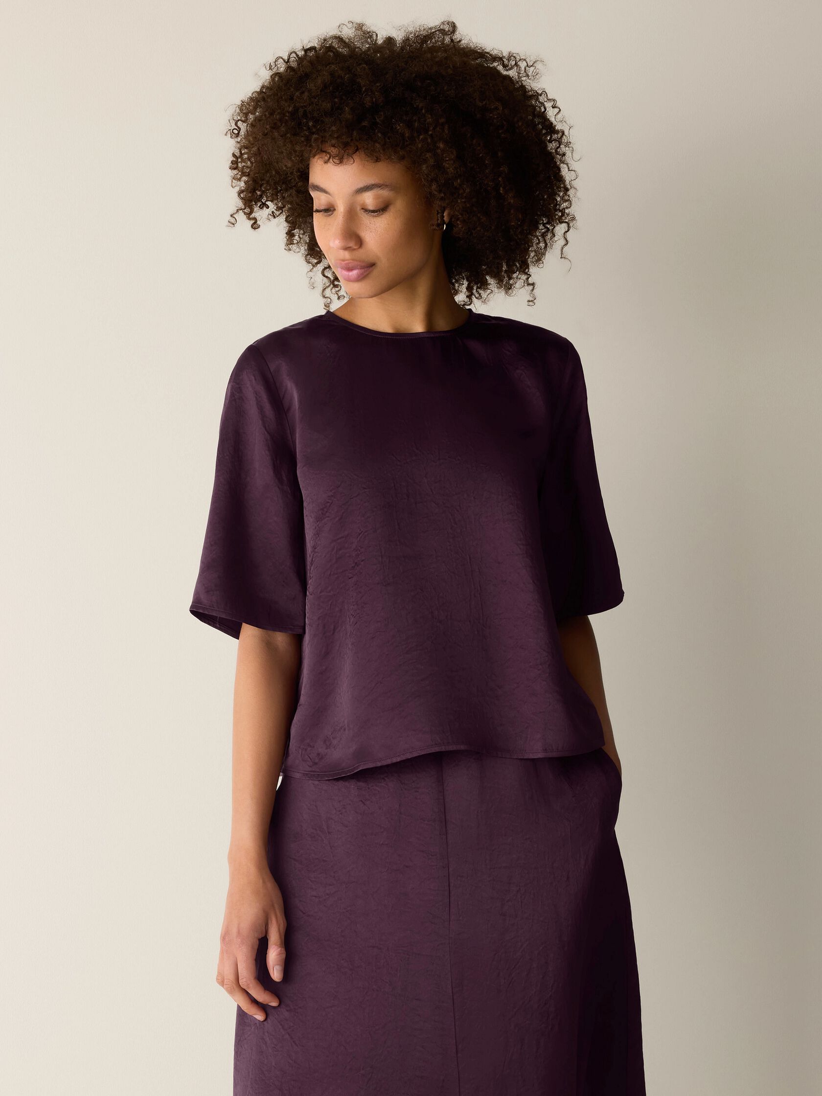 Textured Satin Round Neck Elbow-Sleeve Top