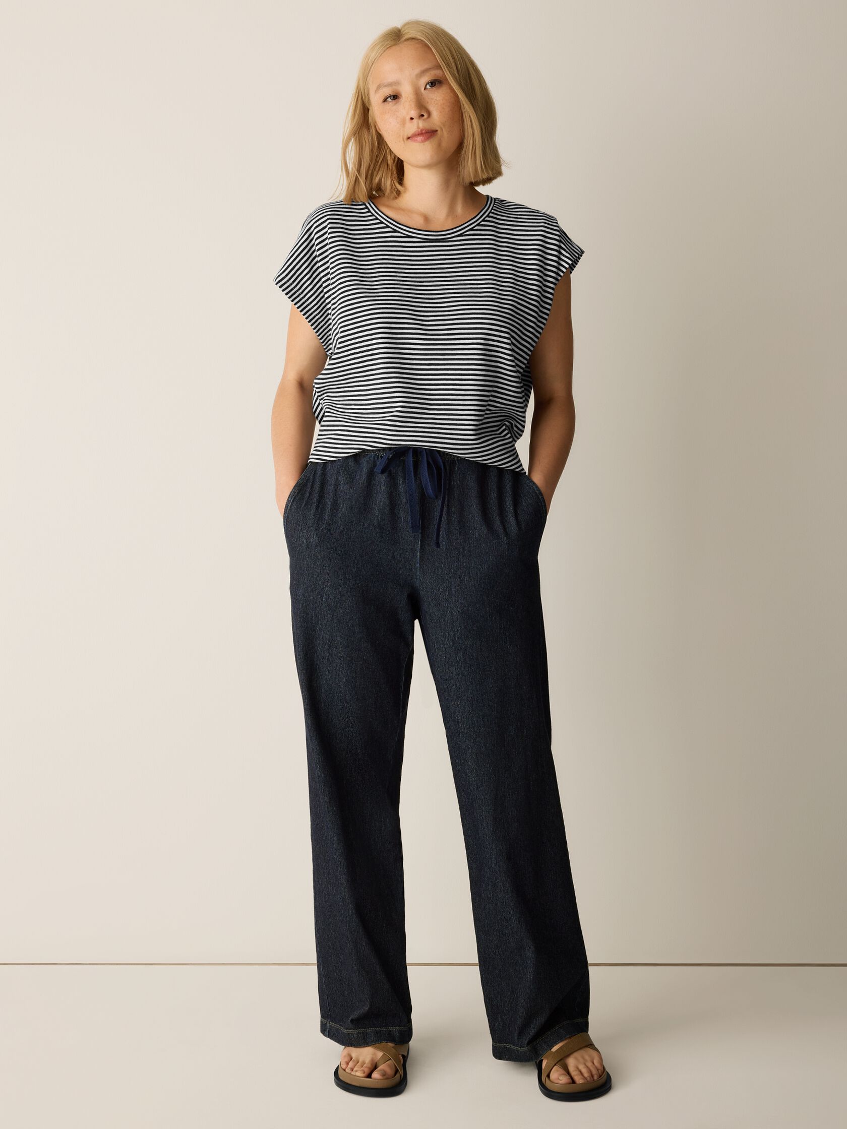 Cotton Indigo Knit Denim Full-Length Straight Pant
