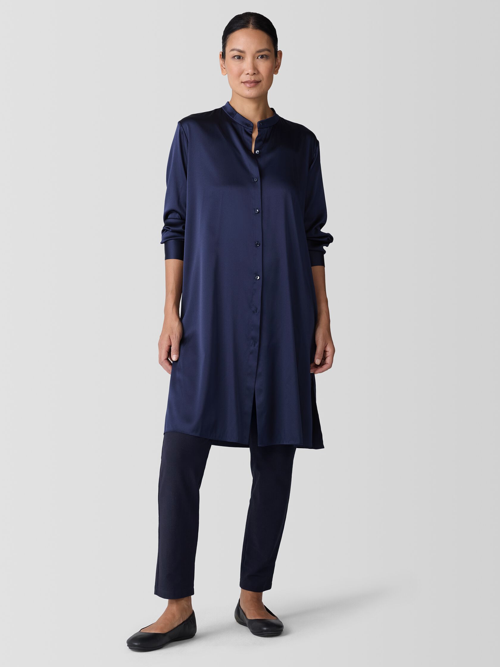 Stretch Silk Charmeuse Band Collar Long Shirt