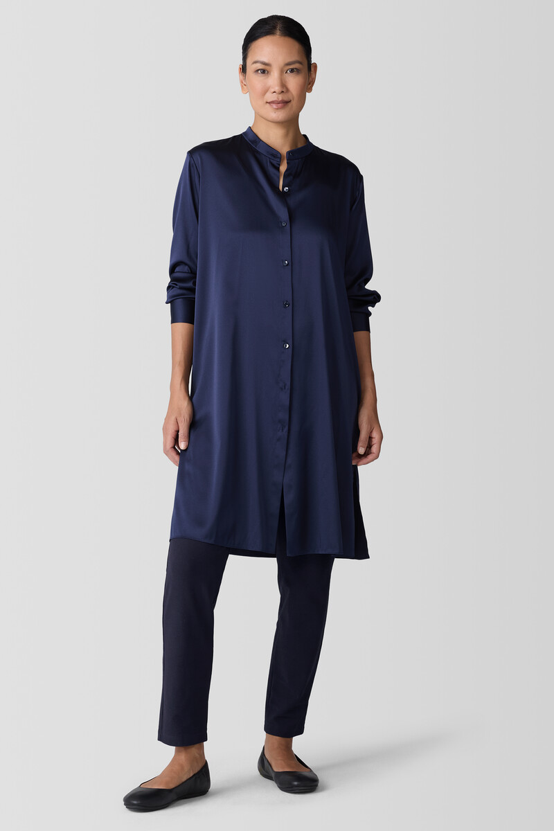 Stretch Silk Charmeuse Band Collar Long Shirt Stretch Silk Charmeuse Band Collar Long Shirt