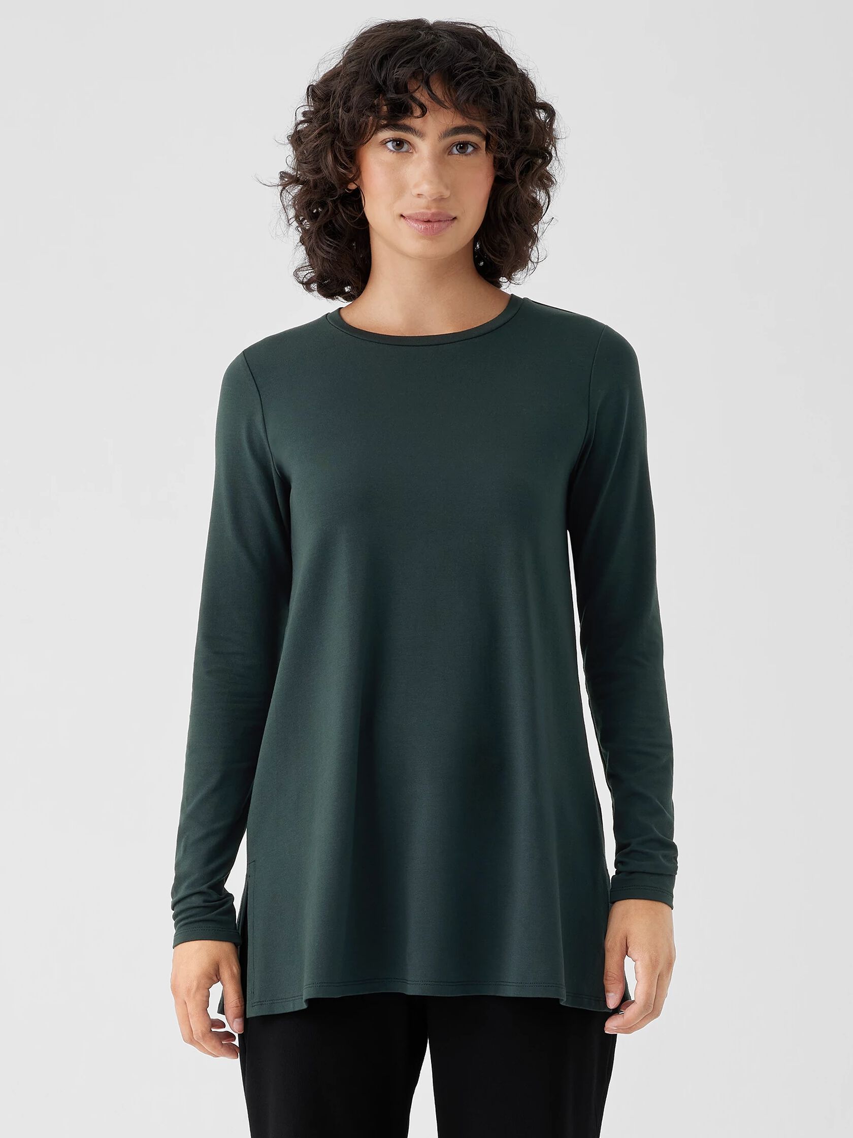 Stretch Jersey Knit Crew Neck Long Top