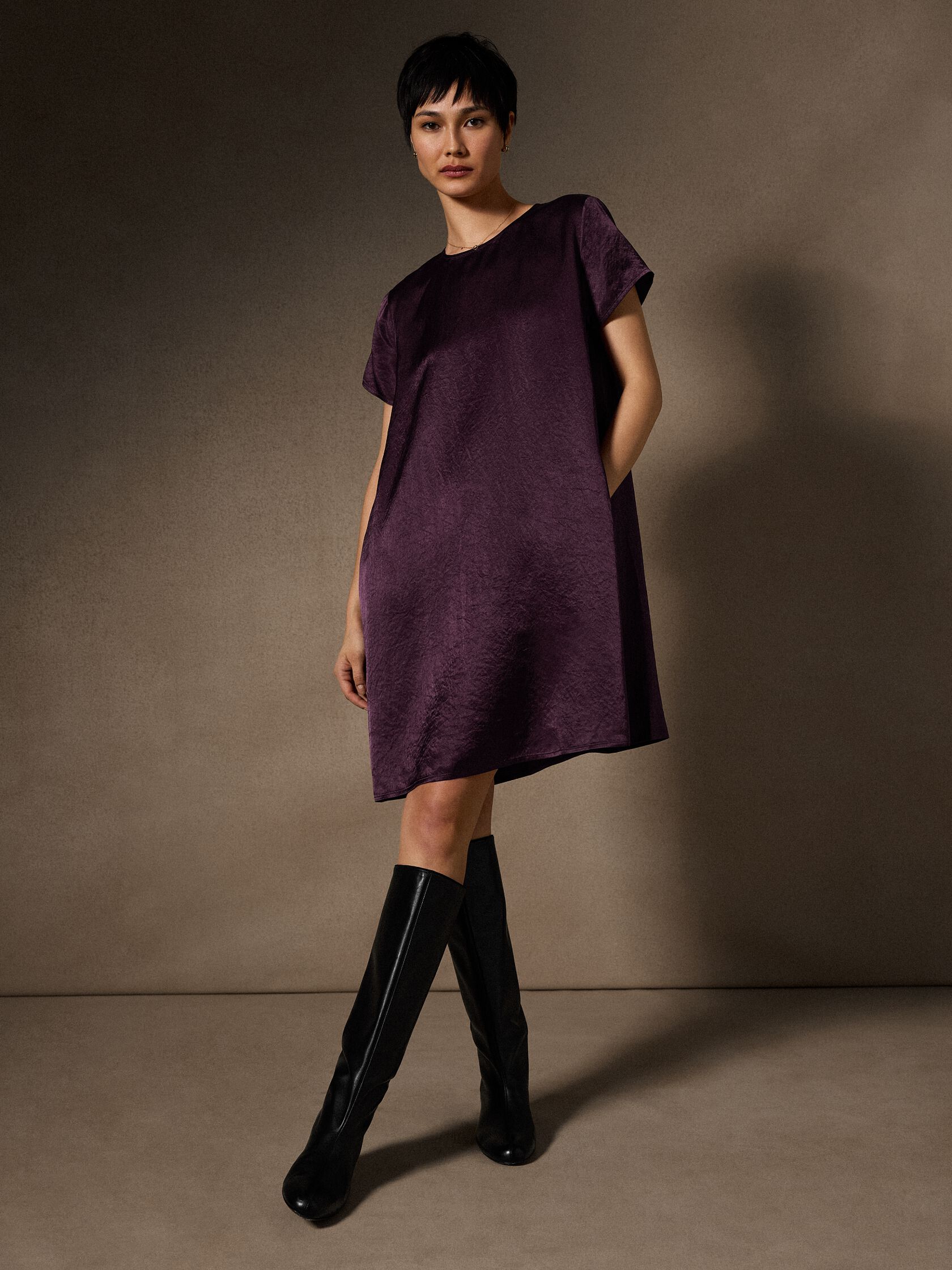 Textured Satin Round Neck Dress