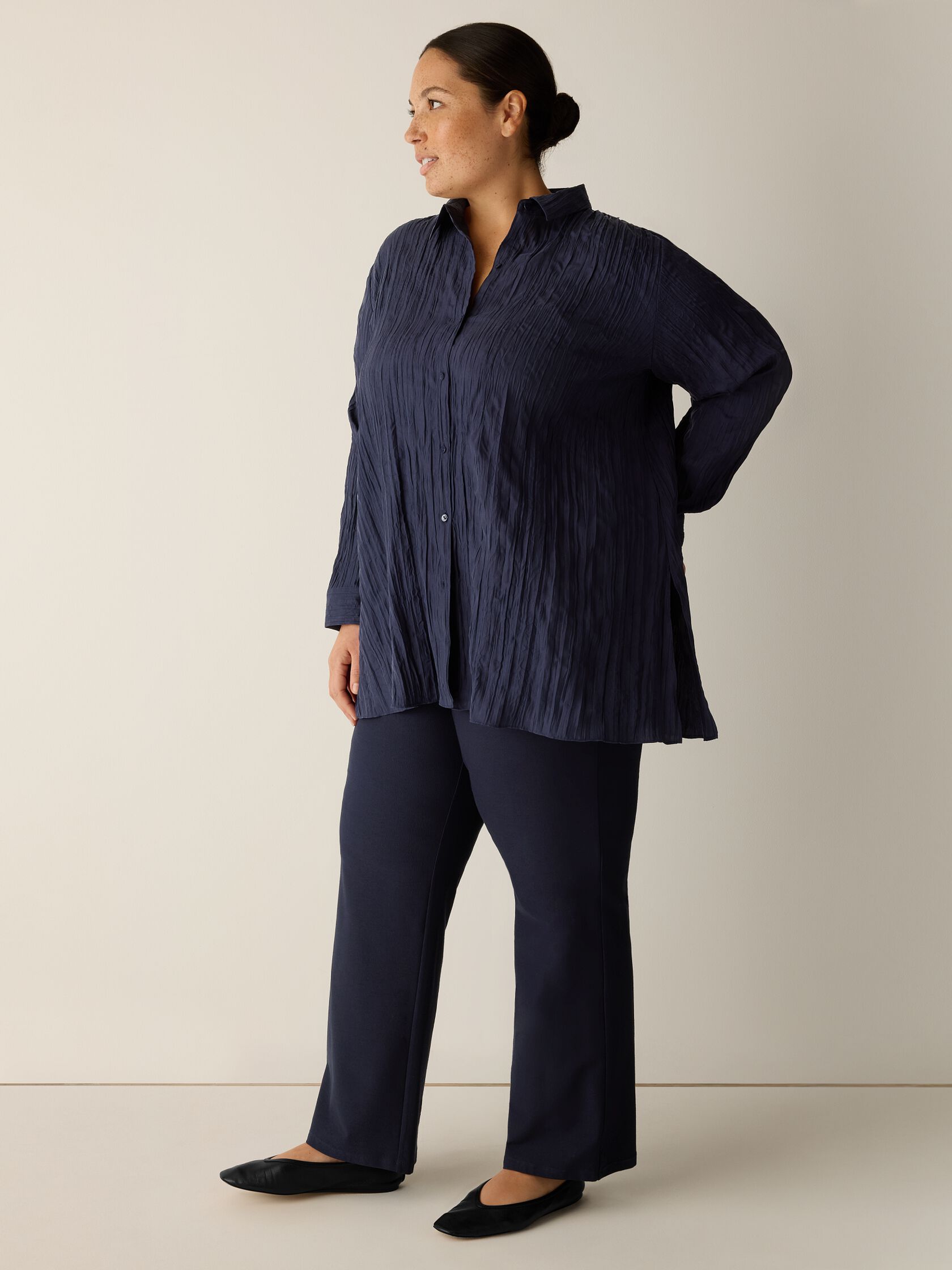 Crinkle Silk Habutai Classic Collar Shirt