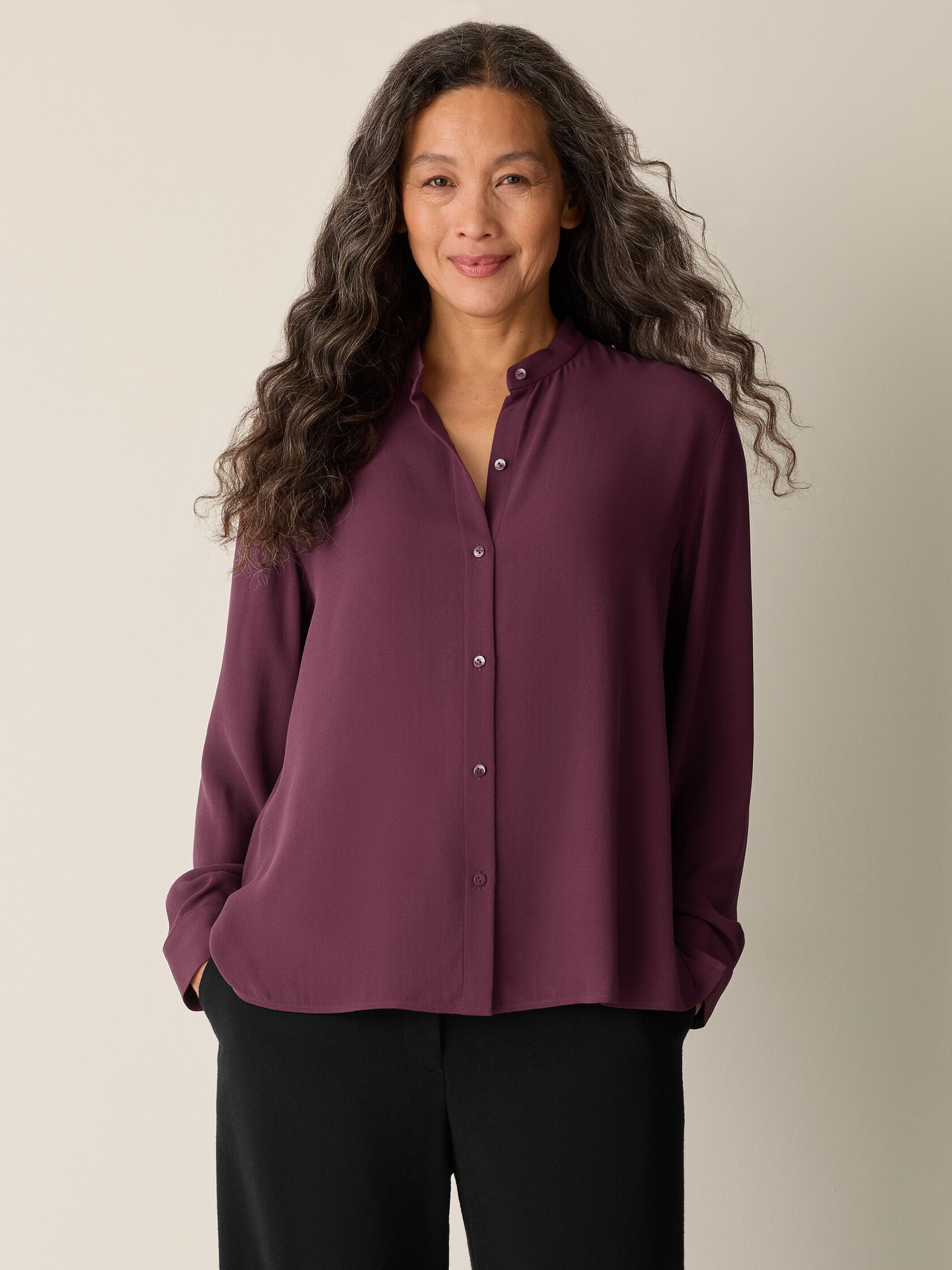 Silk Georgette Crepe Band Collar Top