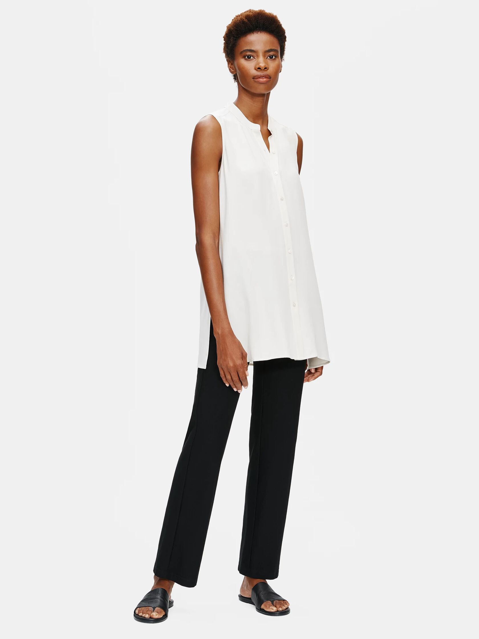 System Silk Georgette Crepe Mandarin Collar Shirt