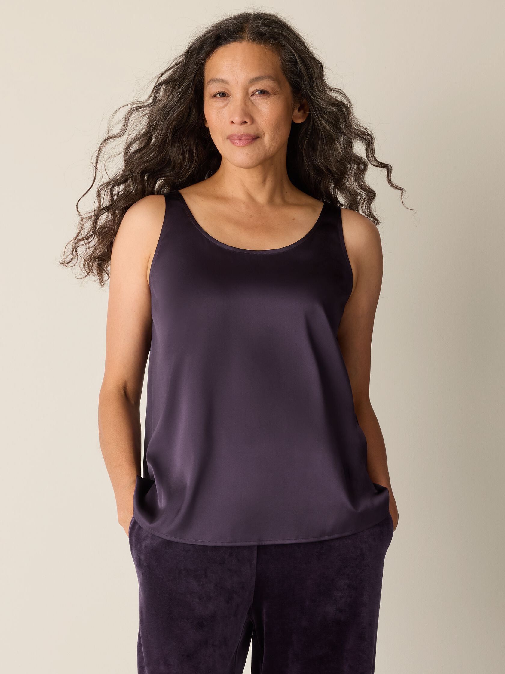 Stretch Silk Charmeuse Scoop Neck Tank