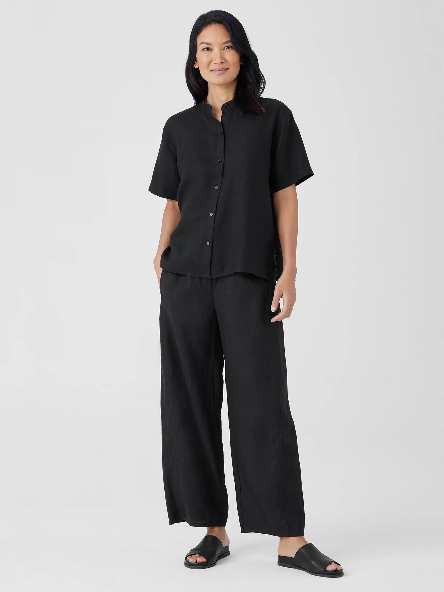 Organic Handkerchief Linen Band Collar Short-Sleeve Shirt