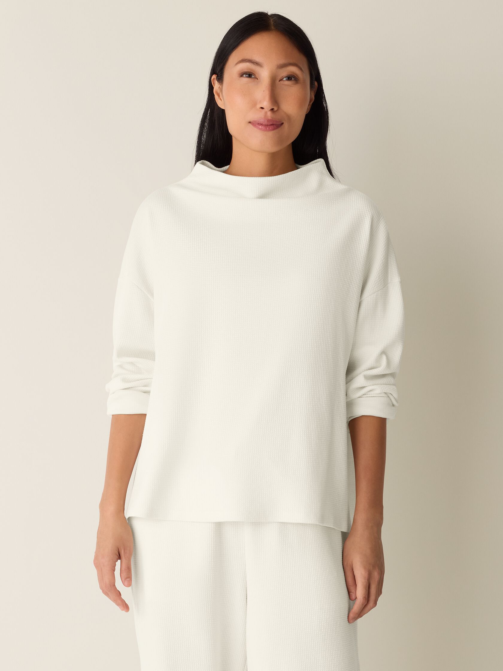Waffle Cotton Blend Doubleknit Funnel Neck Box-Top